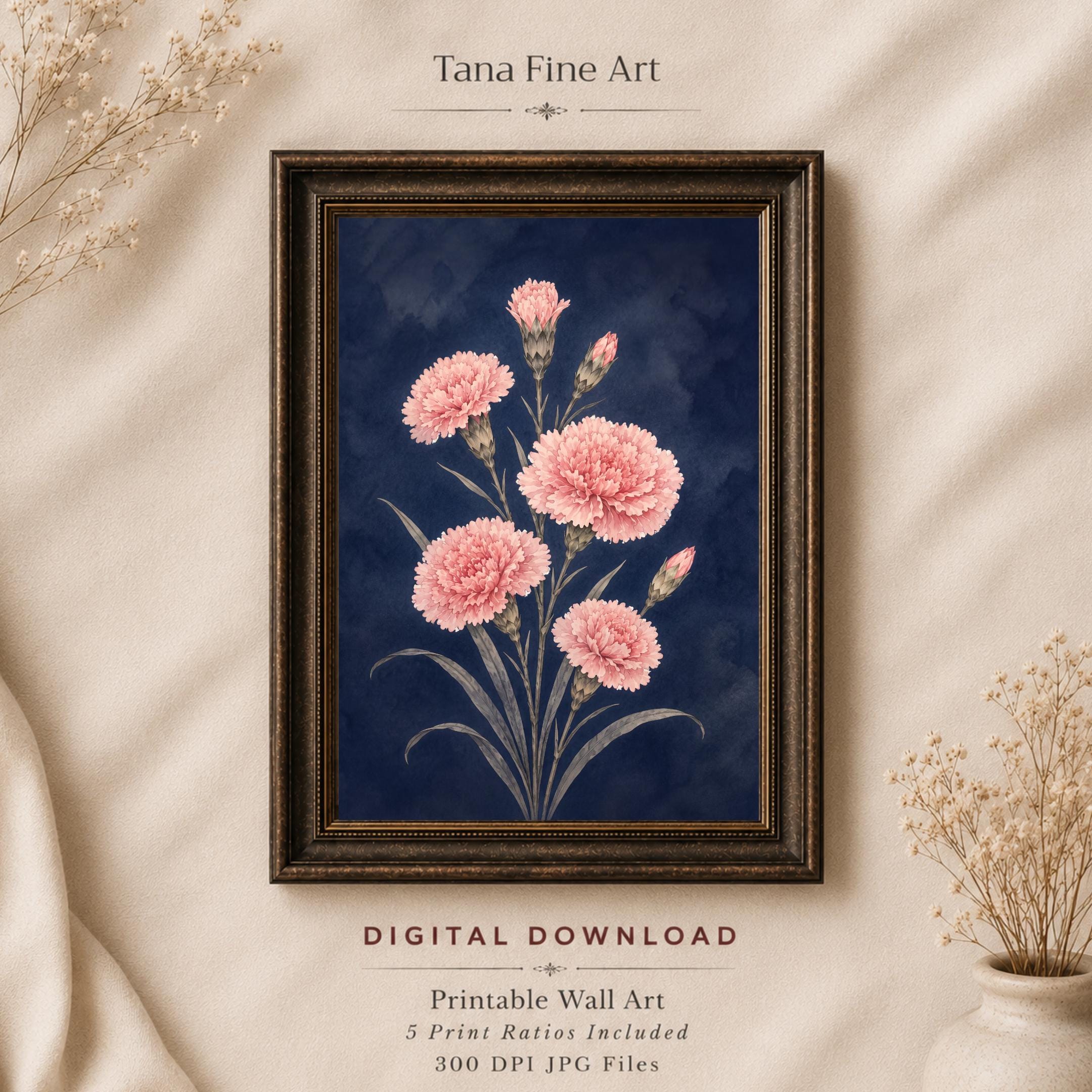 Moody January Birth Flower Print | Carnation Wall Art | Dark Botanical Digital Download — image 5