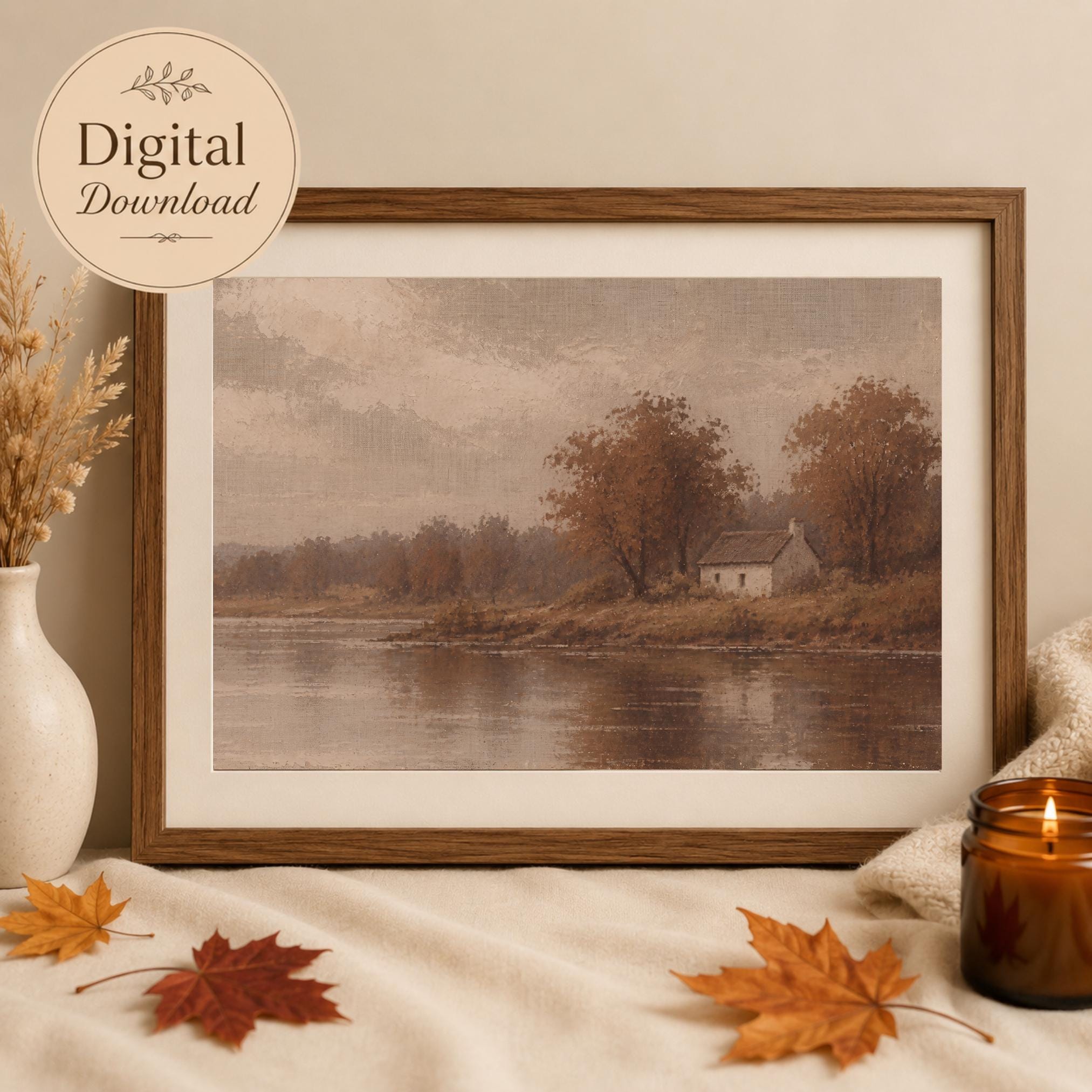 Autumn Cottage Lake Printable Wall Art, Moody Brown Landscape, Rustic Decor Digital Download