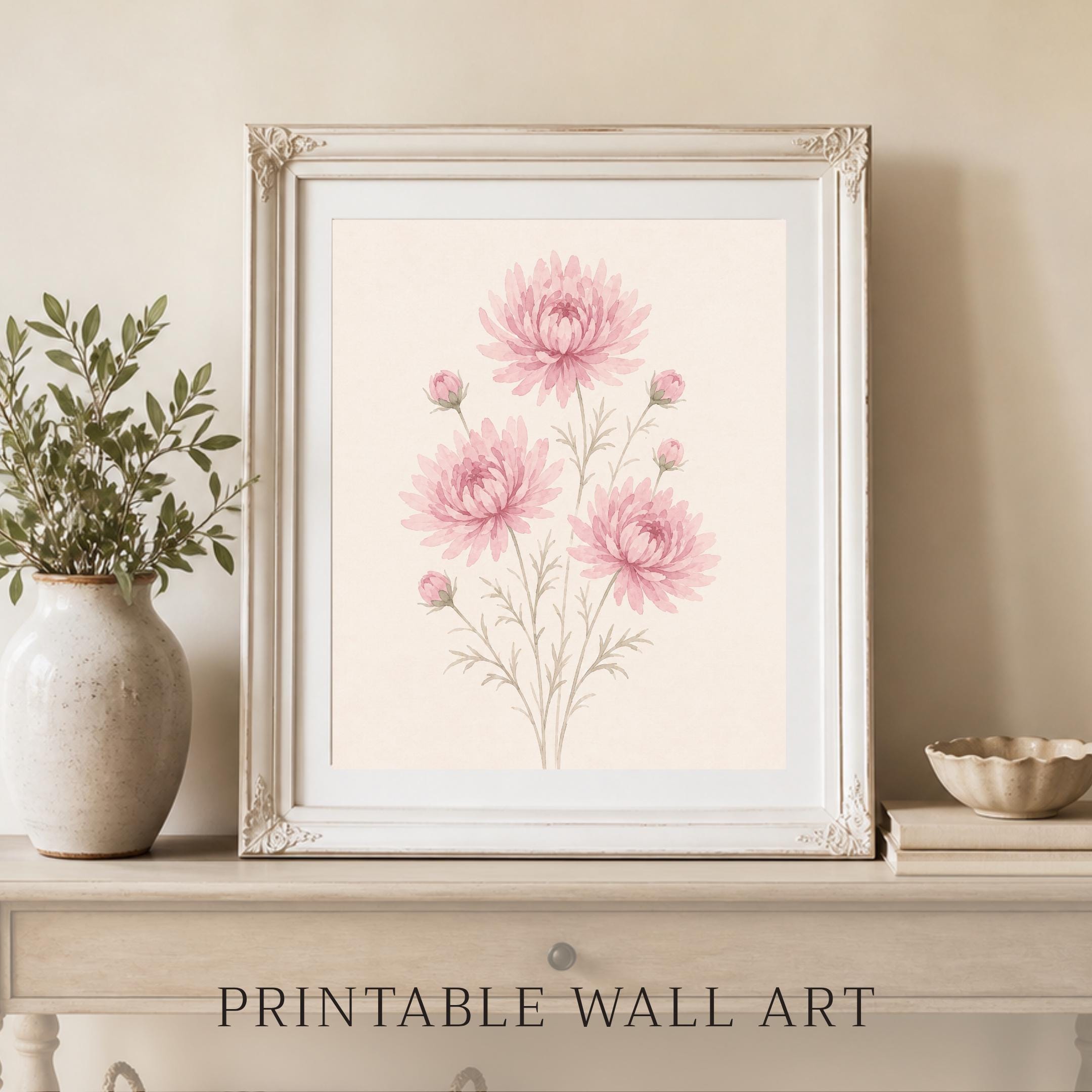 November Birth Flower Print | Chrysanthemum Printable Wall Art | Pink Botanical Gift Digital Download — image 8