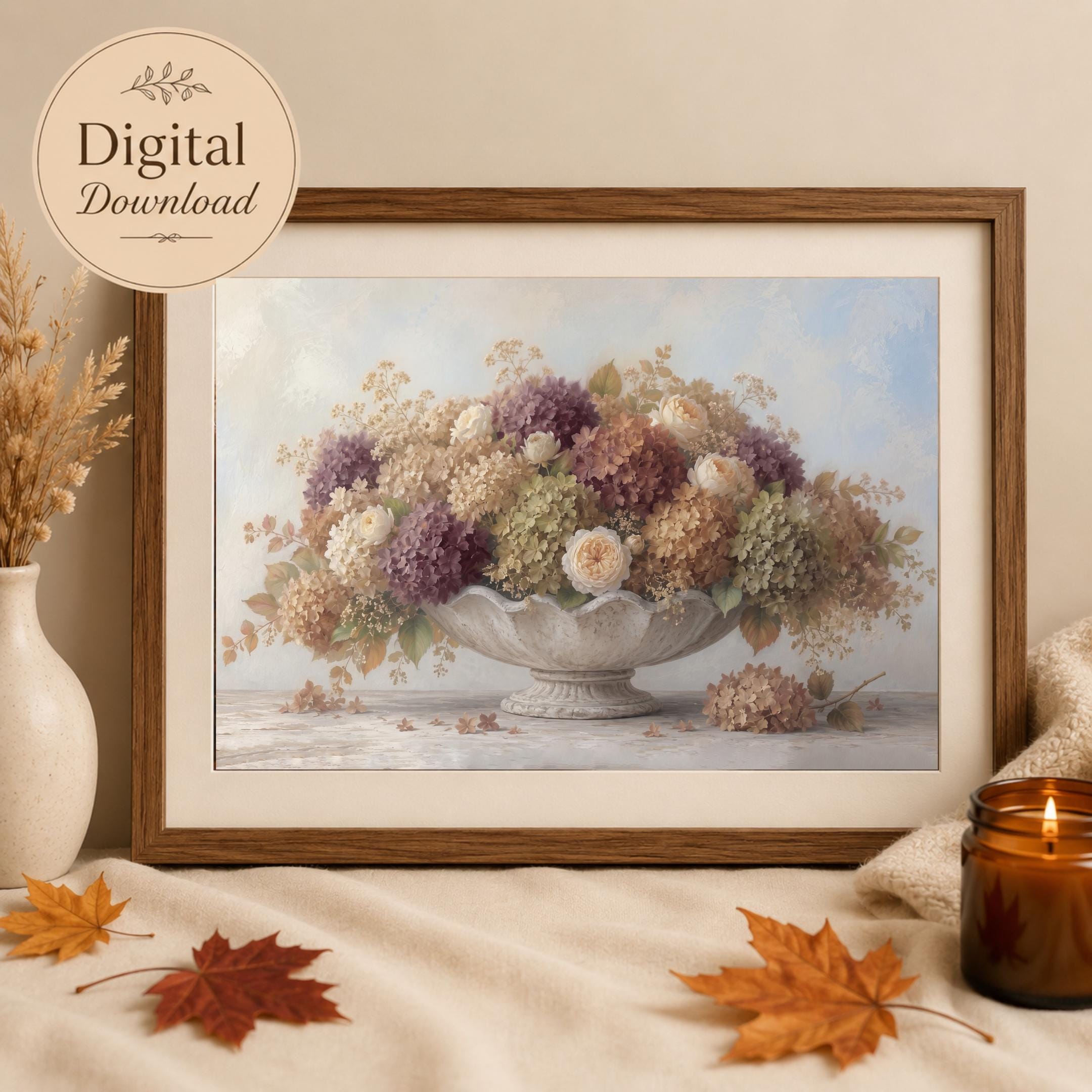 Hydrangea Fall Wall Art, Autumn Floral French Low Bowl, Muted Cottage Decor (Digital Download) — image 6