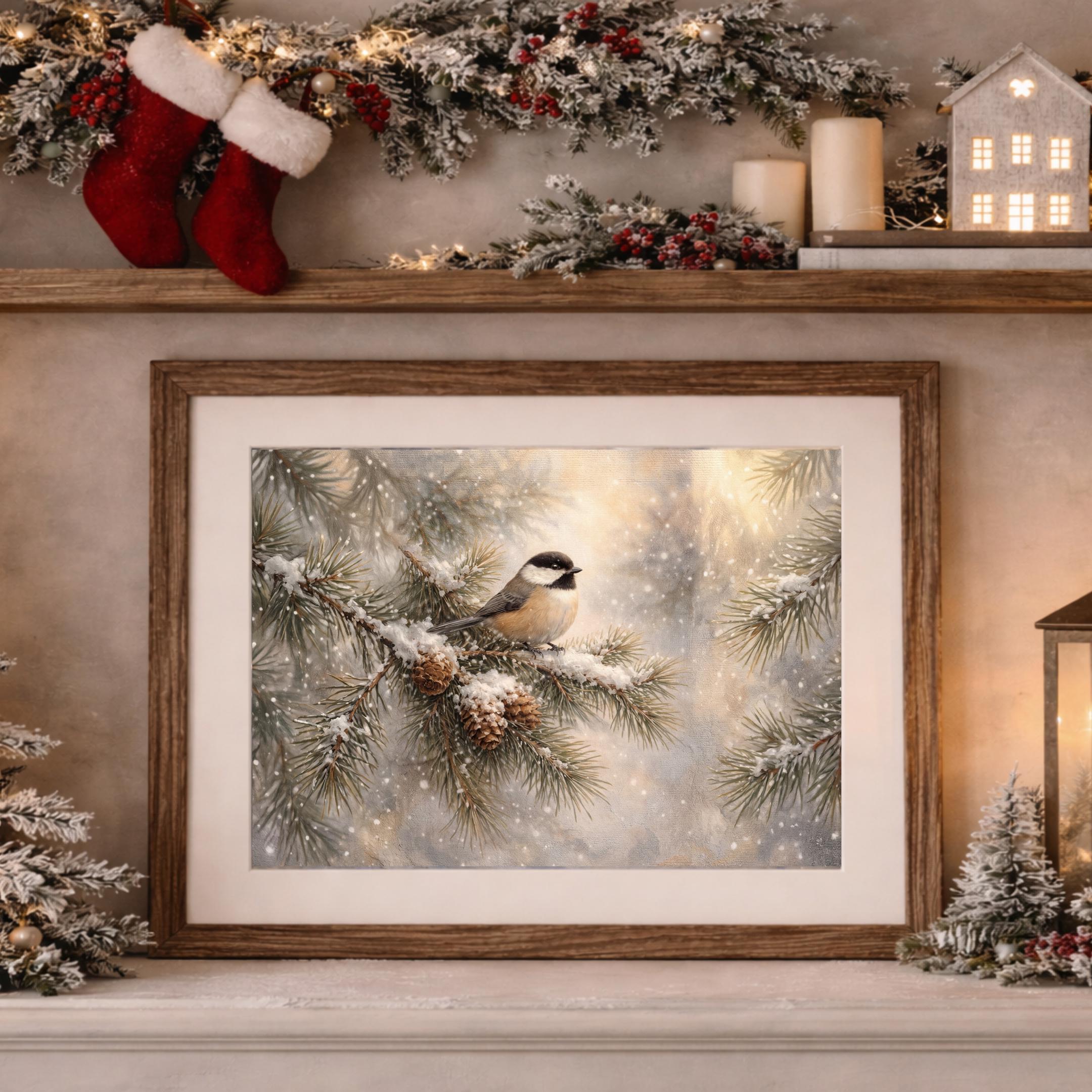 Winter Bird Wall Art Printable | Chickadee Pine Branch Print | Cozy Christmas Decor (Digital Download) — image 4