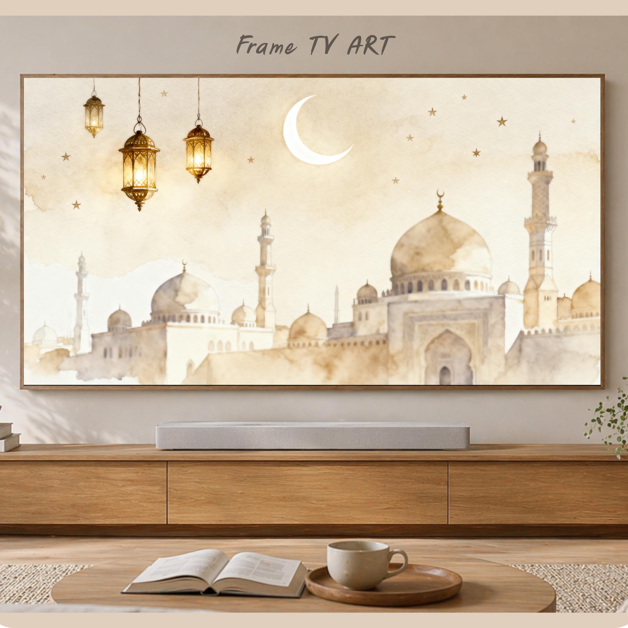 Crescent Mosque Frame TV Art | Neutral Beige Lantern | Islamic Art 4K Digital Download — image 2
