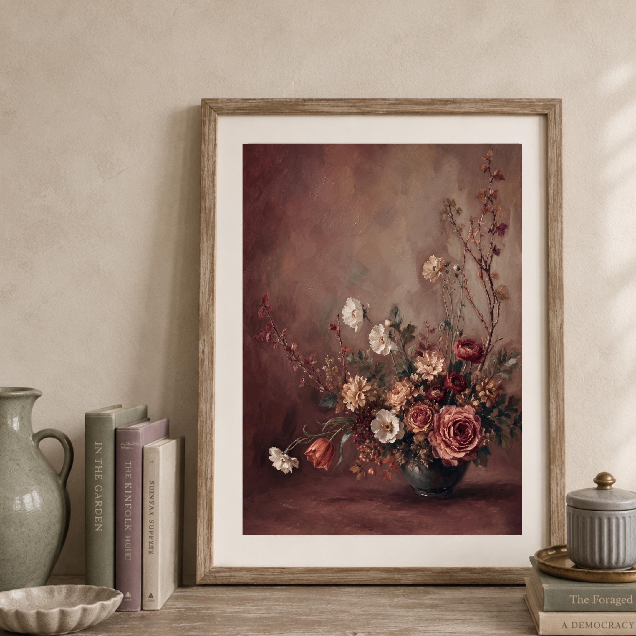 Moody Burgundy Floral Art Print, Fall Roses Still Life, Dark Autumn Decor (Digital Download) — image 9