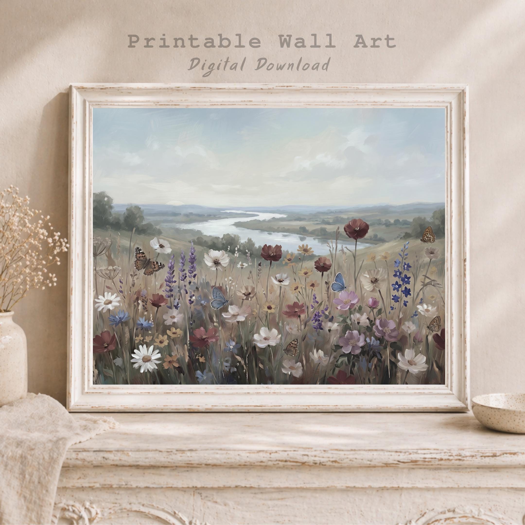 Meadow Floral Landscape Print, Summer Wildflower Butterfly Print, Cottage Countryside Decor (Digital Download) — image 9