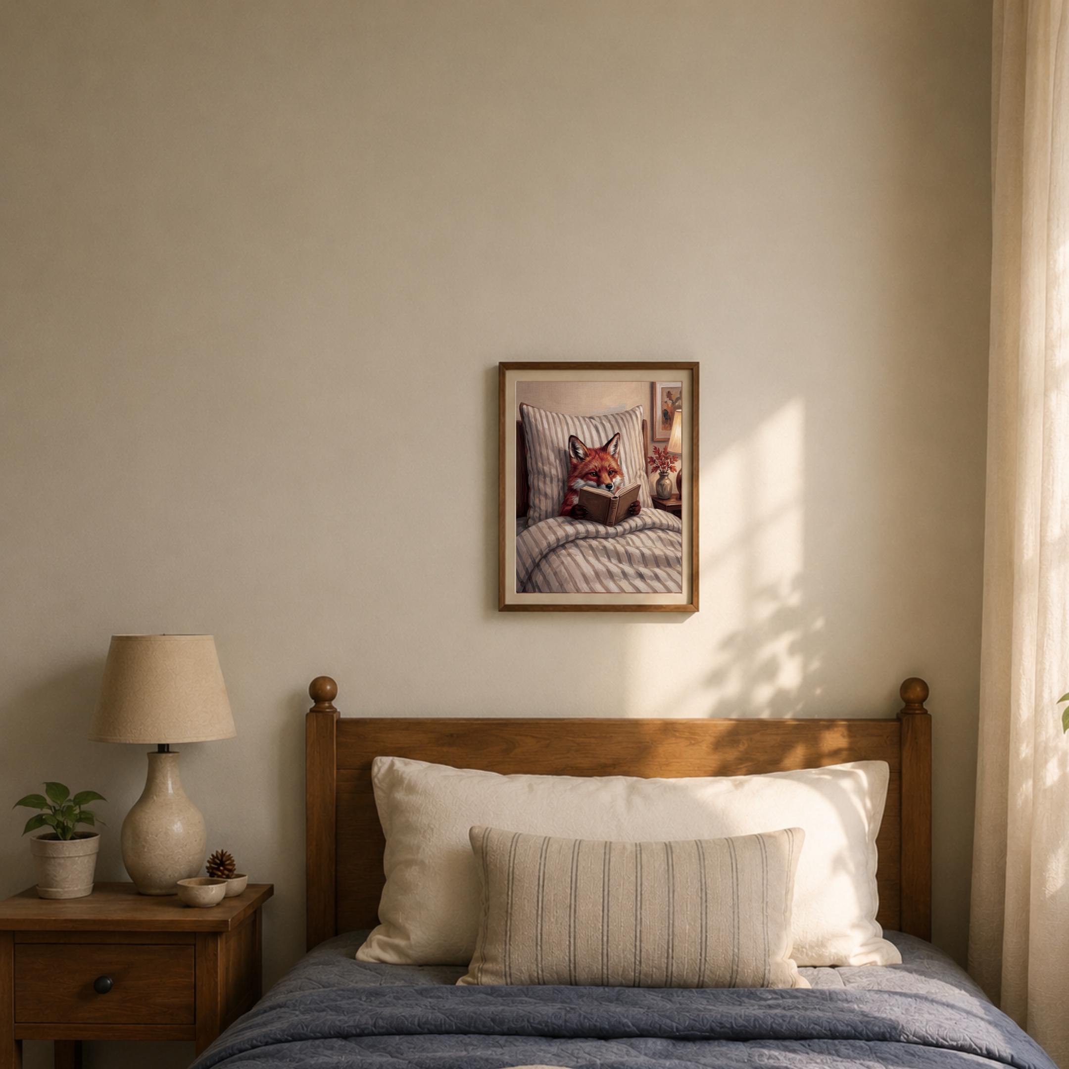 Fox Woodland Nursery Art, Fox Reading in Bed, Cozy, Kids Room Digital Download — image 4