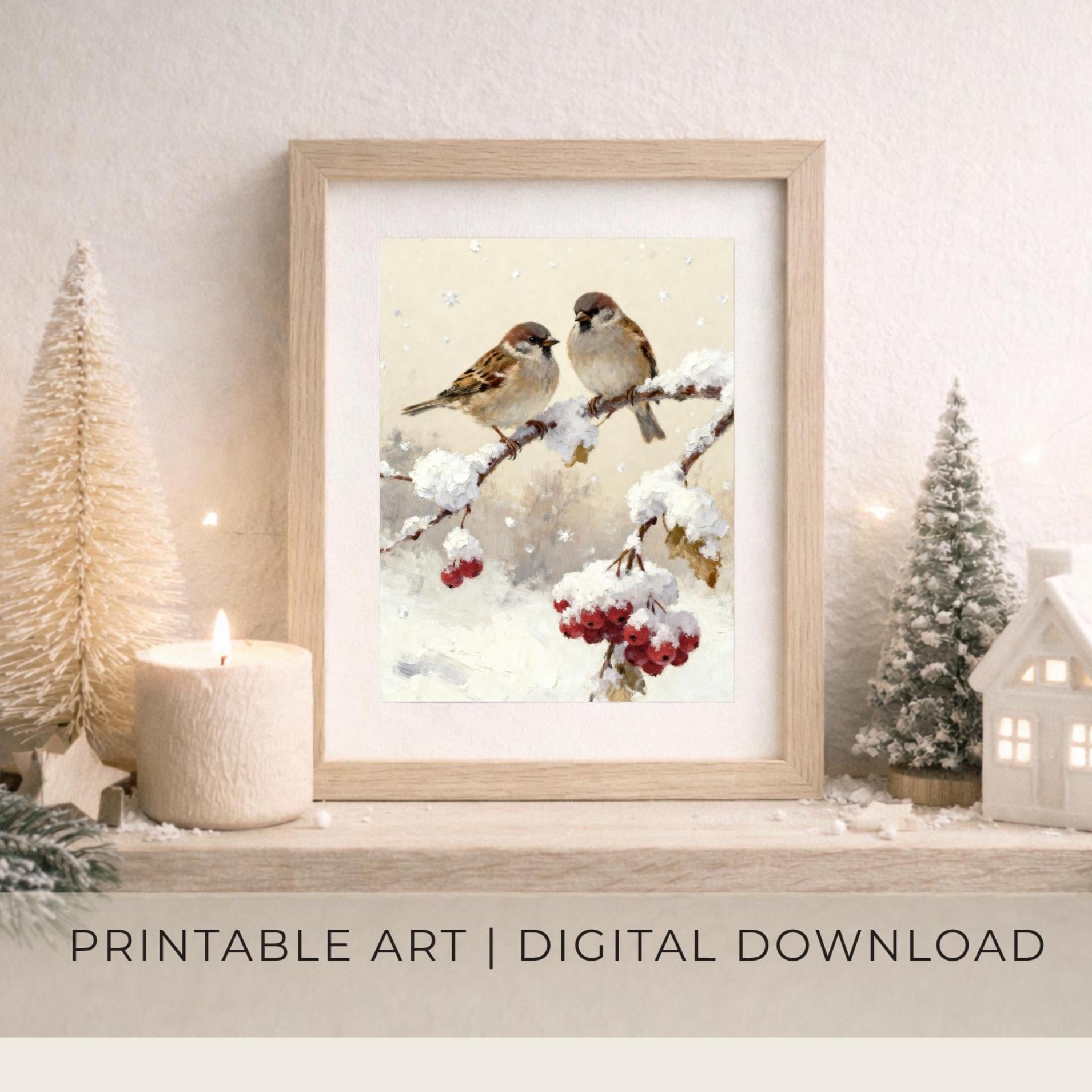 Winter Bird Wall Art Printable | Cozy Sparrows Snowy Branch (Digital Download)