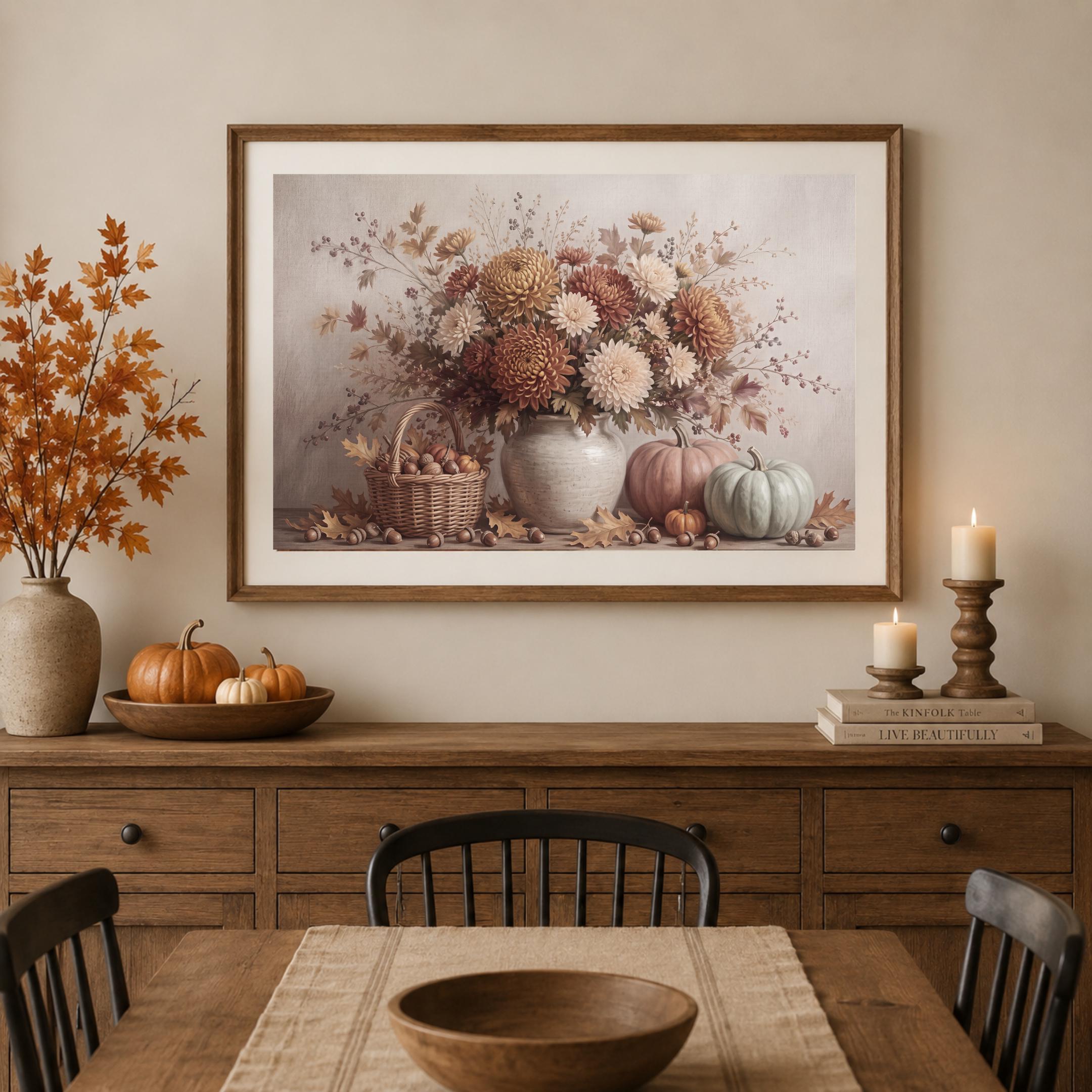 Chrysanthemum Pumpkin Still Life | Fall Floral Wall Art | Rustic Printable Digital Download Decor — image 8