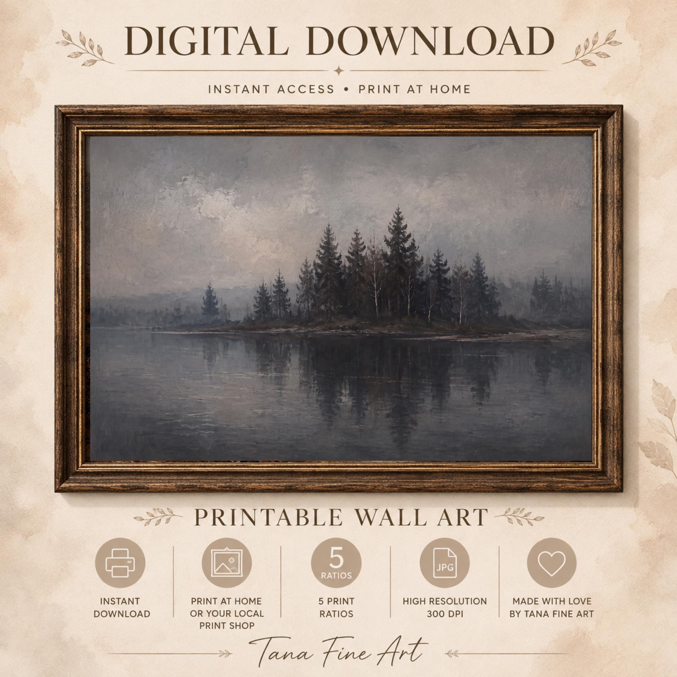 Moody Forest Lake Printable Wall Art, Vintage Woodland Landscape, Dark Academia Rustic Cabin Decor