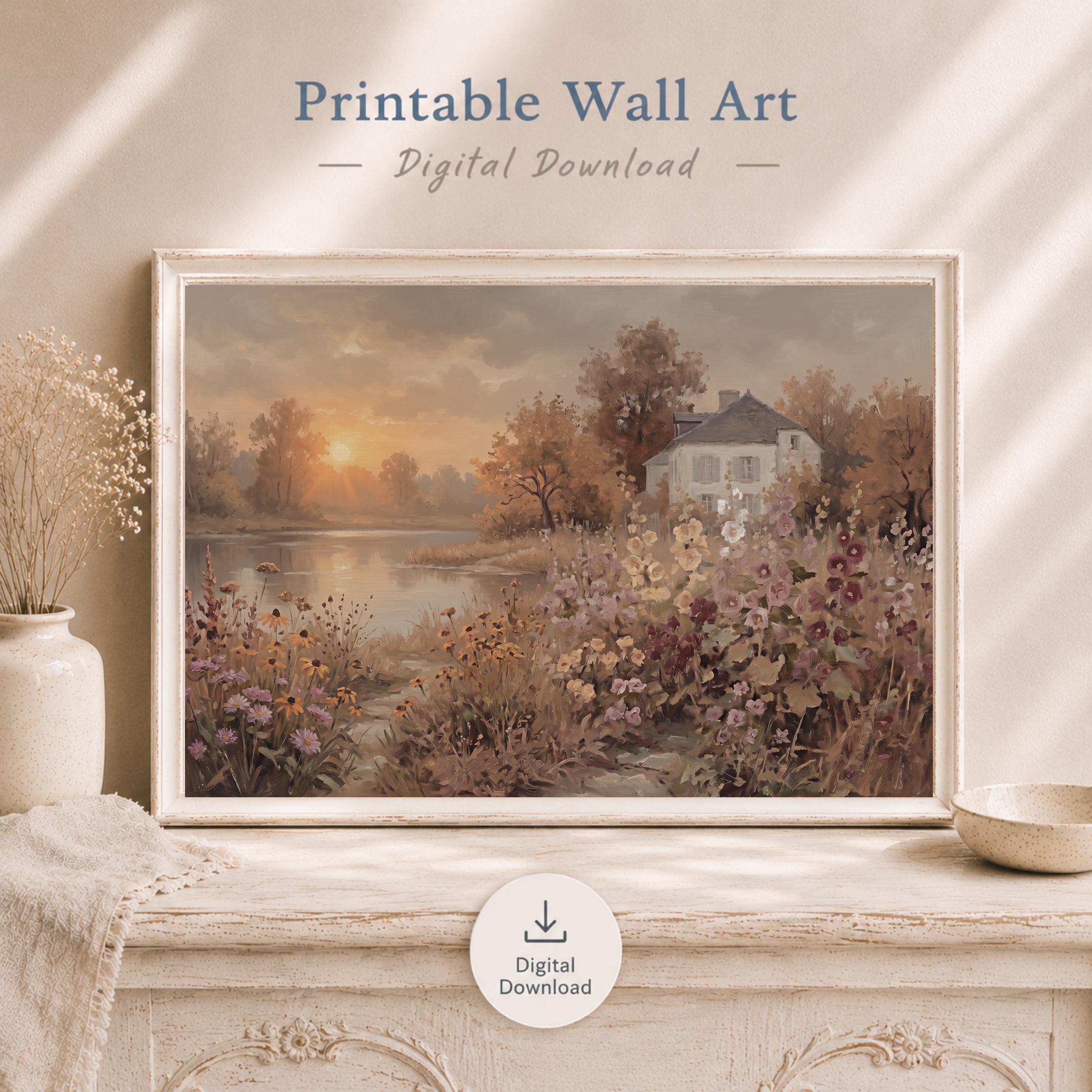 Fall Cottage Lake Wall Art, Autumn Floral Landscape Print, Rustic Farmhouse Decor (Digital Download) — image 9