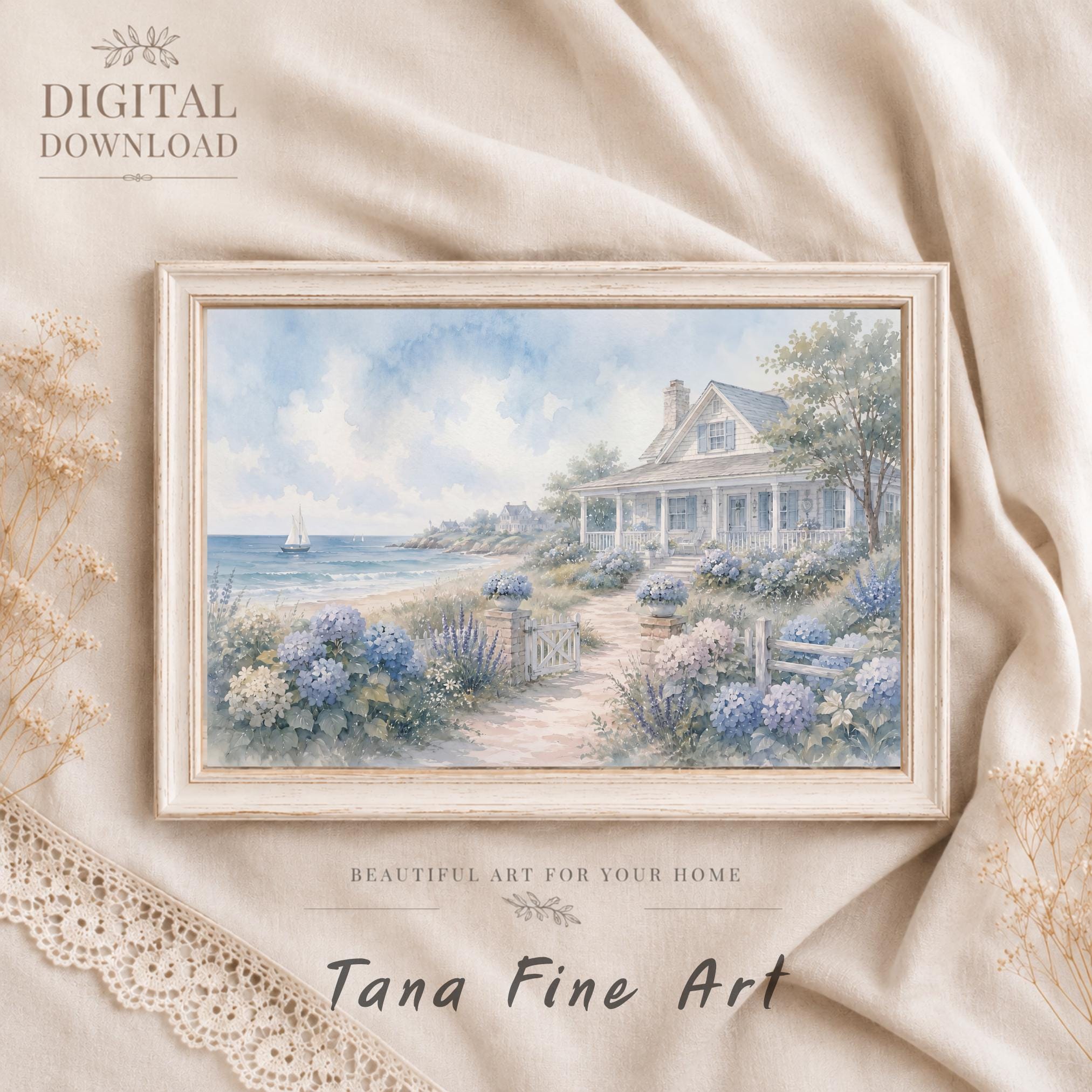 Coastal Hydrangea Print, Beach House Cottage Wall Art, Hamptons Style (Digital Download)