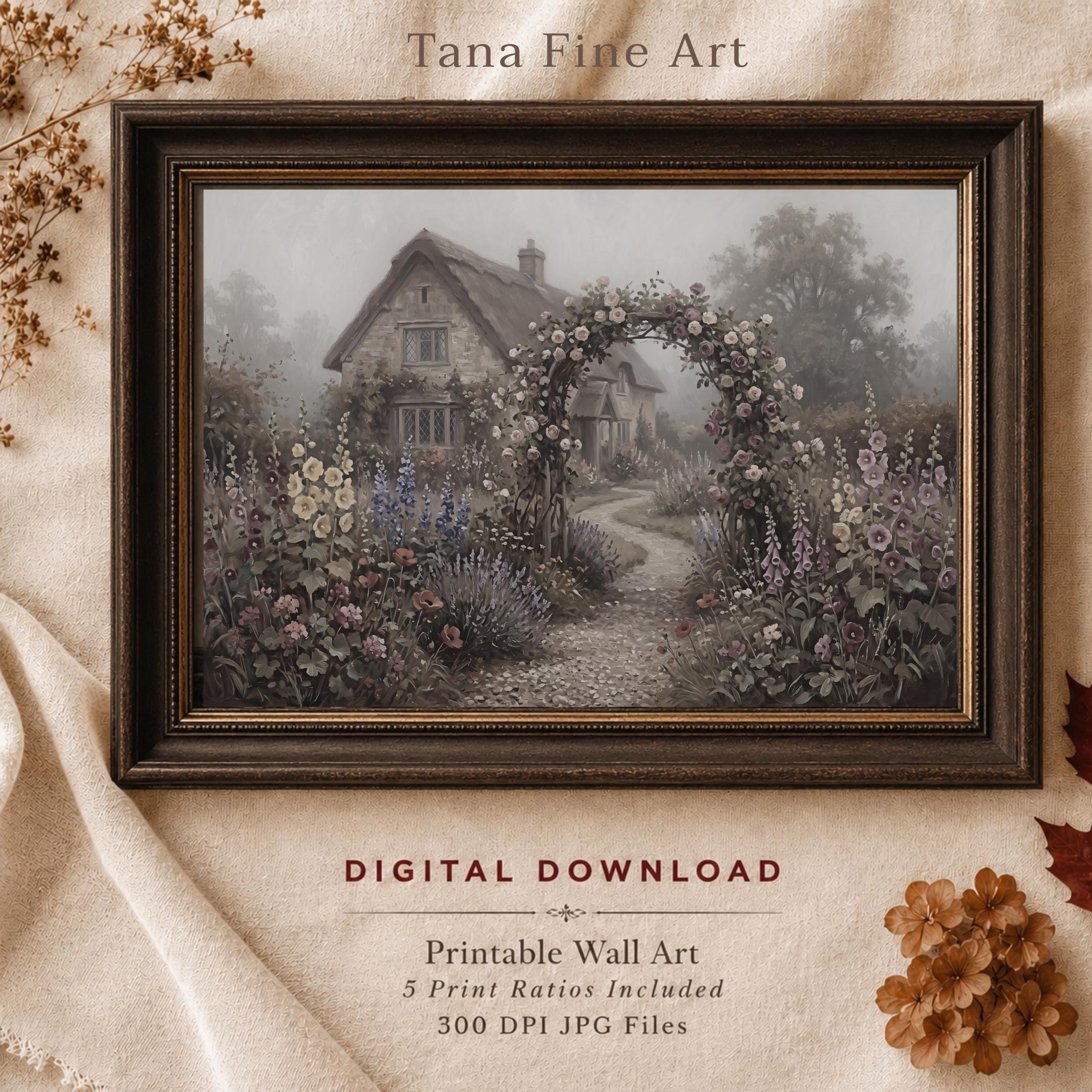 English Garden Wall Art, Secret Cottage Garden Landscape Print, Vintage Floral Decor (Digital Download)