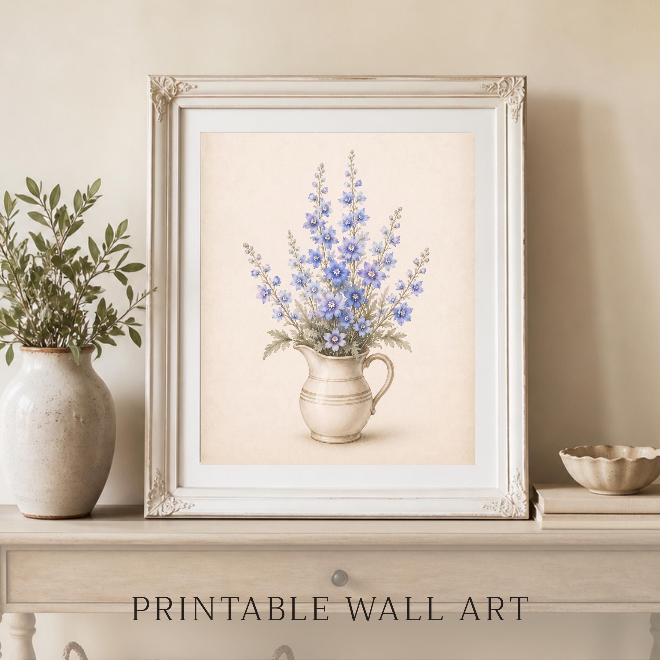 July Birth Flower Art Print | Larkspur Printable Art | Blue Floral Pitcher Digital Download — image 7