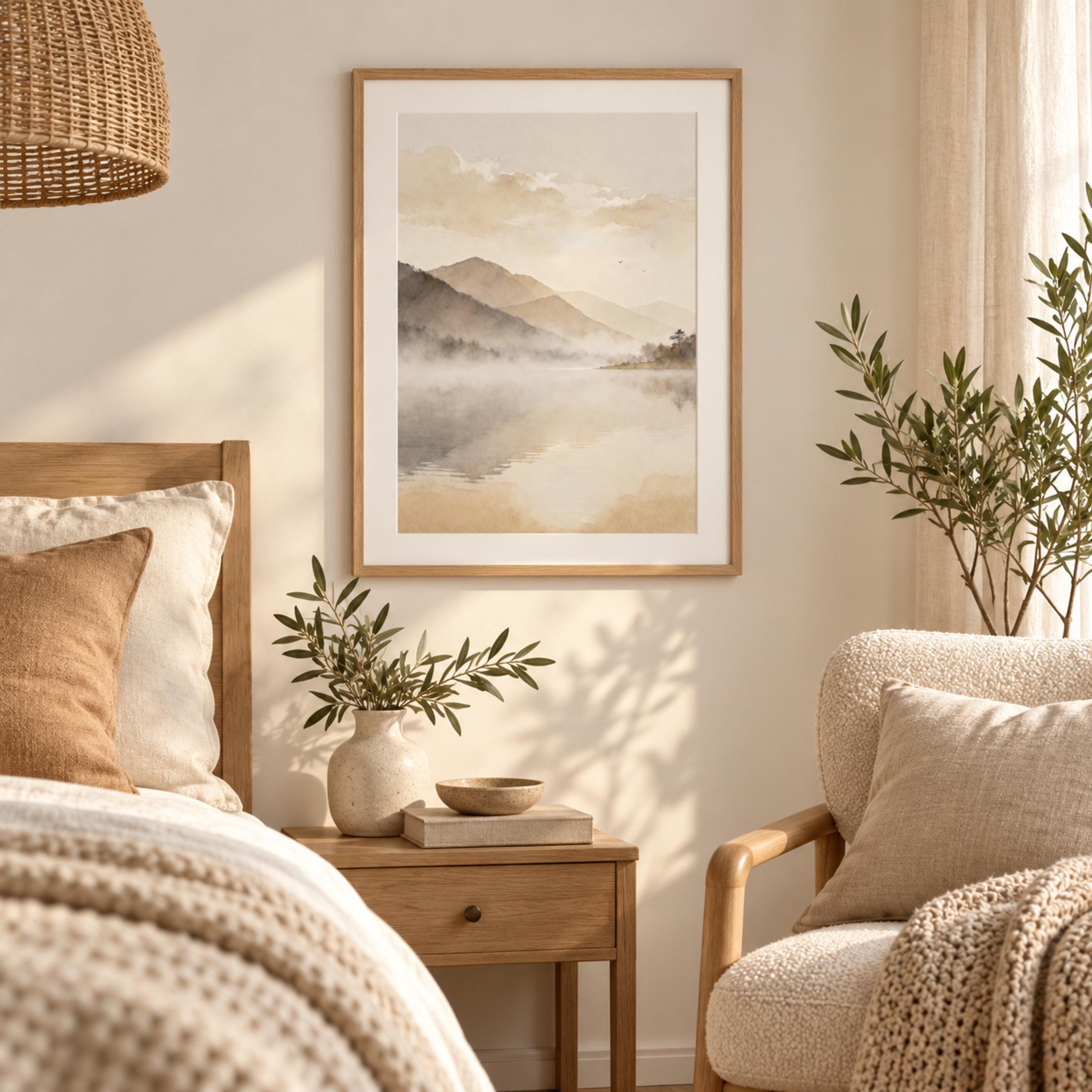 Neutral Misty Mountain Lake Printable Wall Art, Minimal Landscape Serene Bedroom Decor Digital Download — image 4