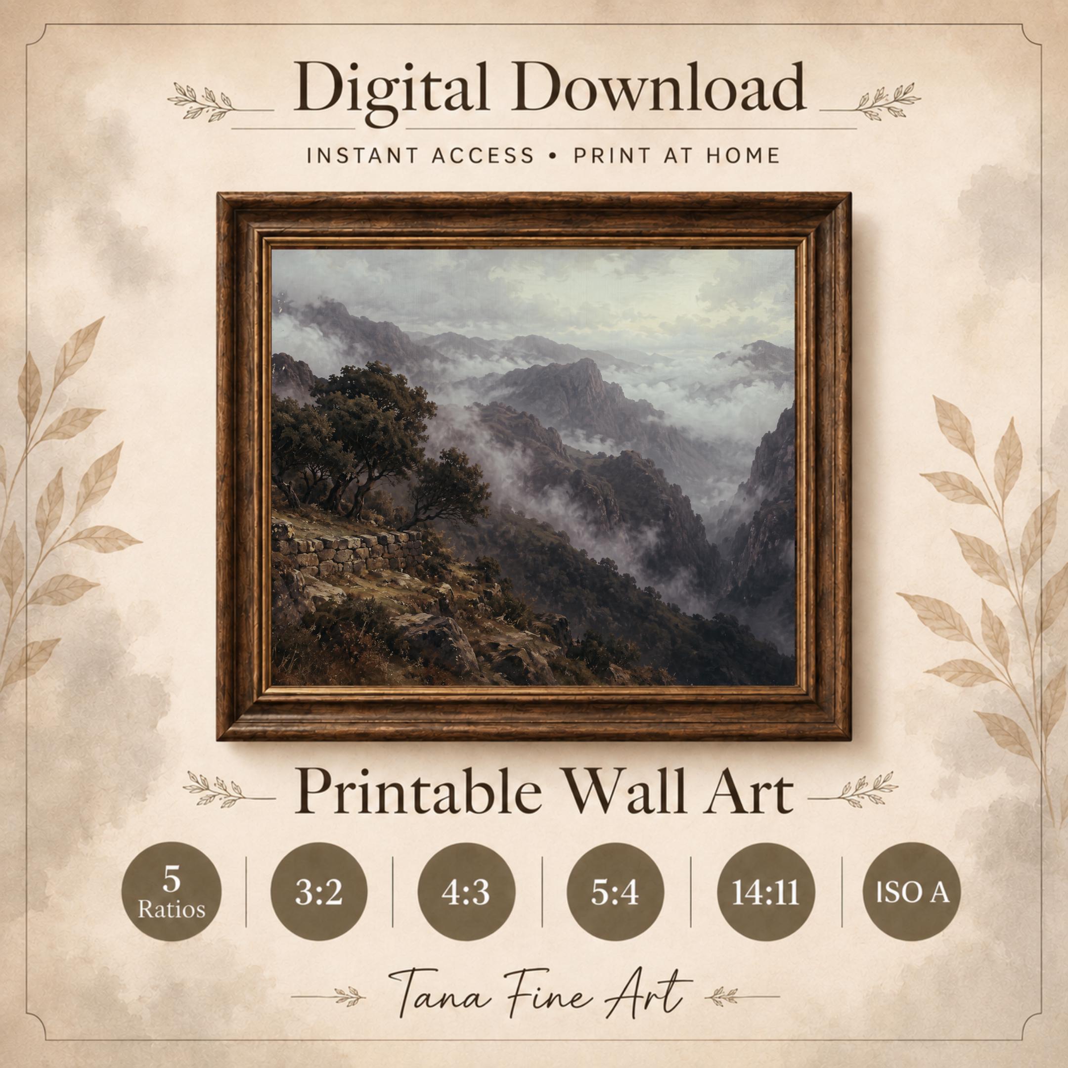 Vintage Misty Mountain Wall Art, Moody Valley Landscape, Rustic Wilderness Dark Academia, Digital Download — image 7
