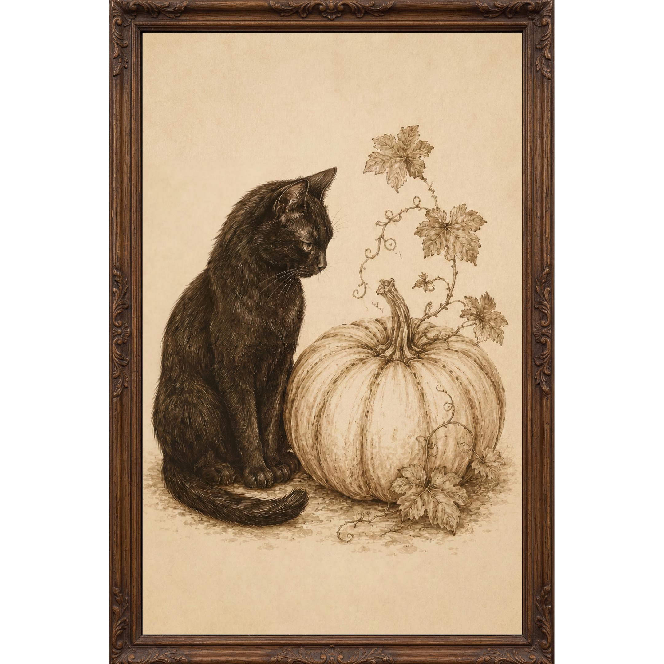 Halloween Black Cat, White Pumpkin Art, Vintage Fall Botanical, Rustic October Halloween Digital Download — image 2