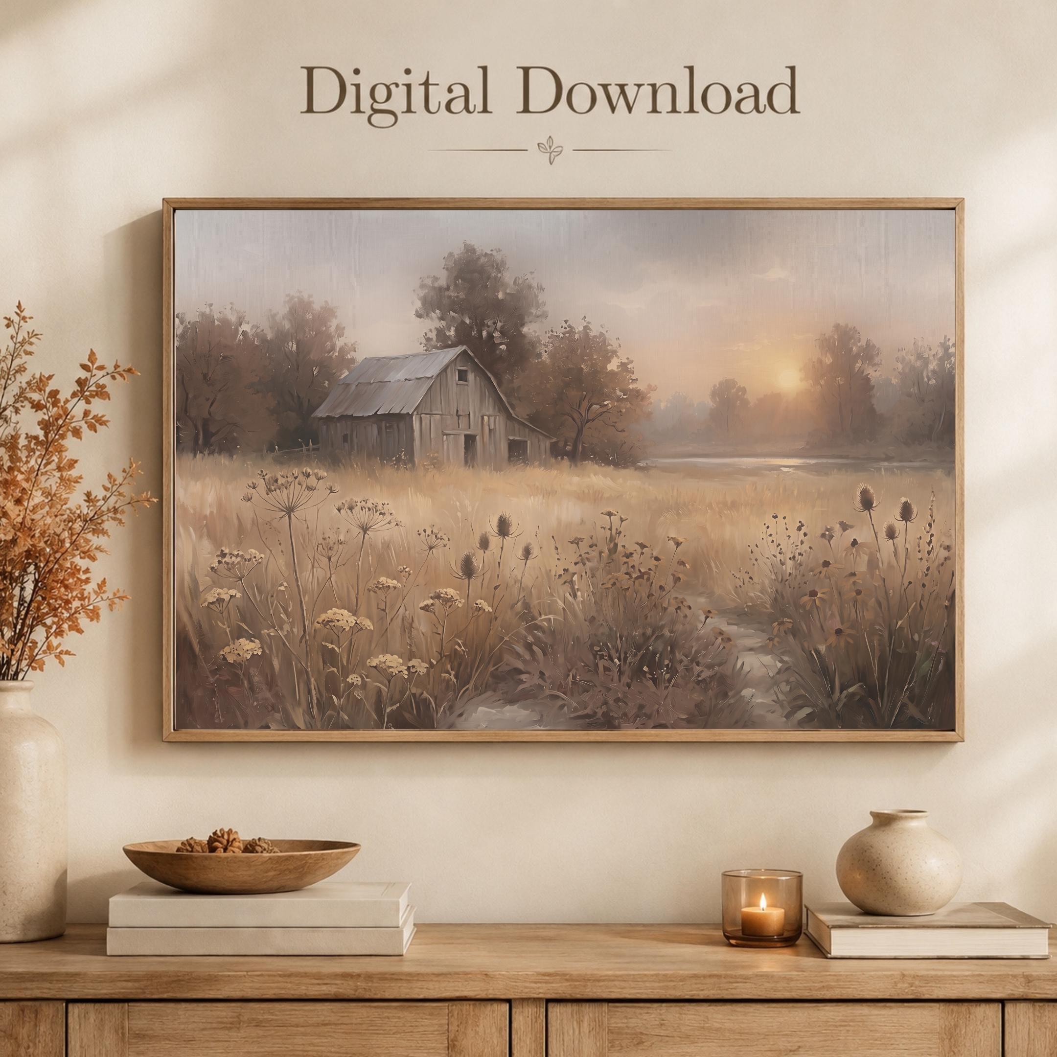 Fall Barn Wall Art, Rustic Autumn Meadow Landscape Print, Pastoral Farmhouse Decor (Digital Download) — image 4