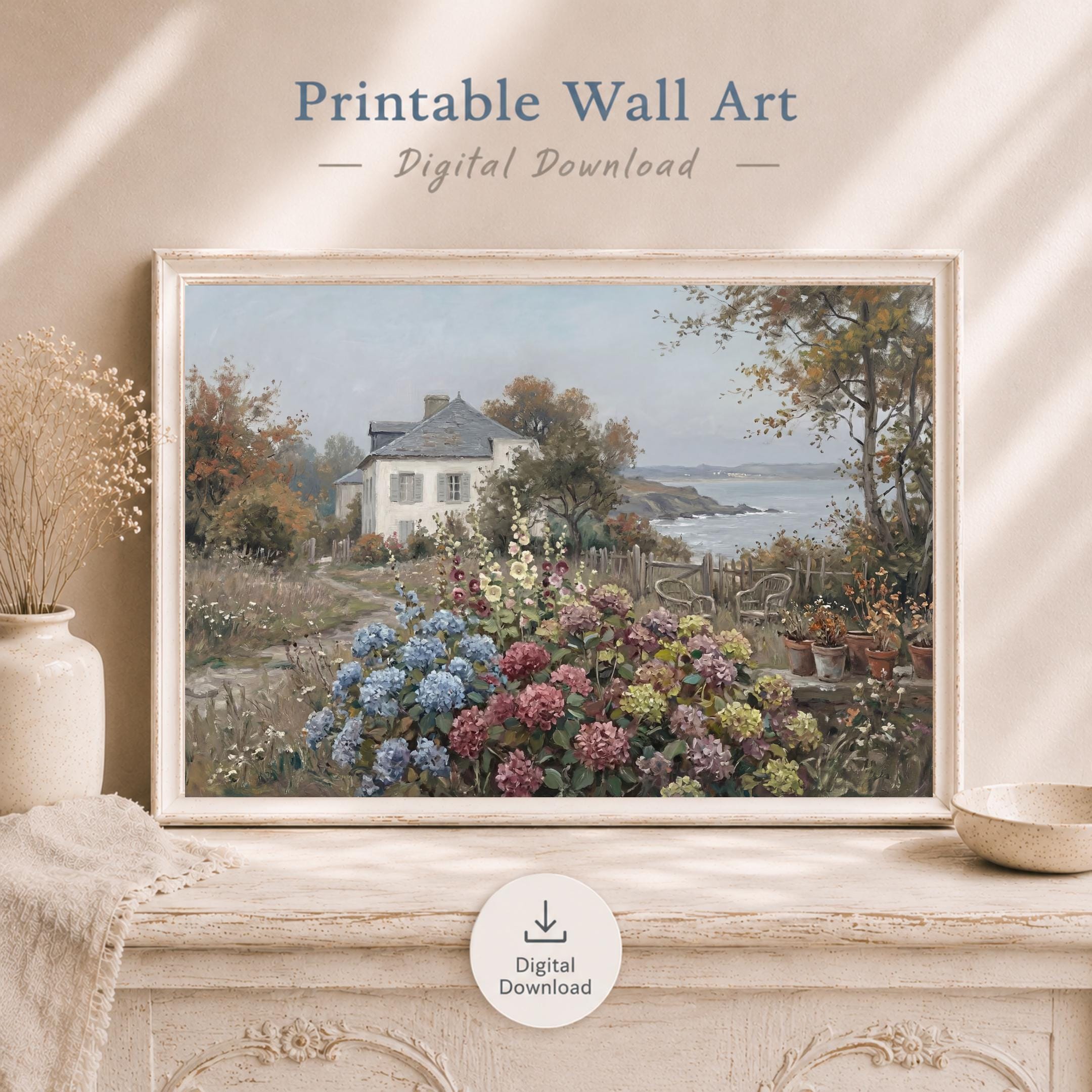 Coastal Cottage Garden Wall Art, Hydrangea Seaside Floral Landscape Print, Vintage Coastal (Digital Download) — image 10