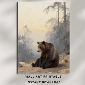 クマのプリントウォールアート｜素朴なロッジ風野生動物ウォールデコレーション｜デジタルダウンロード