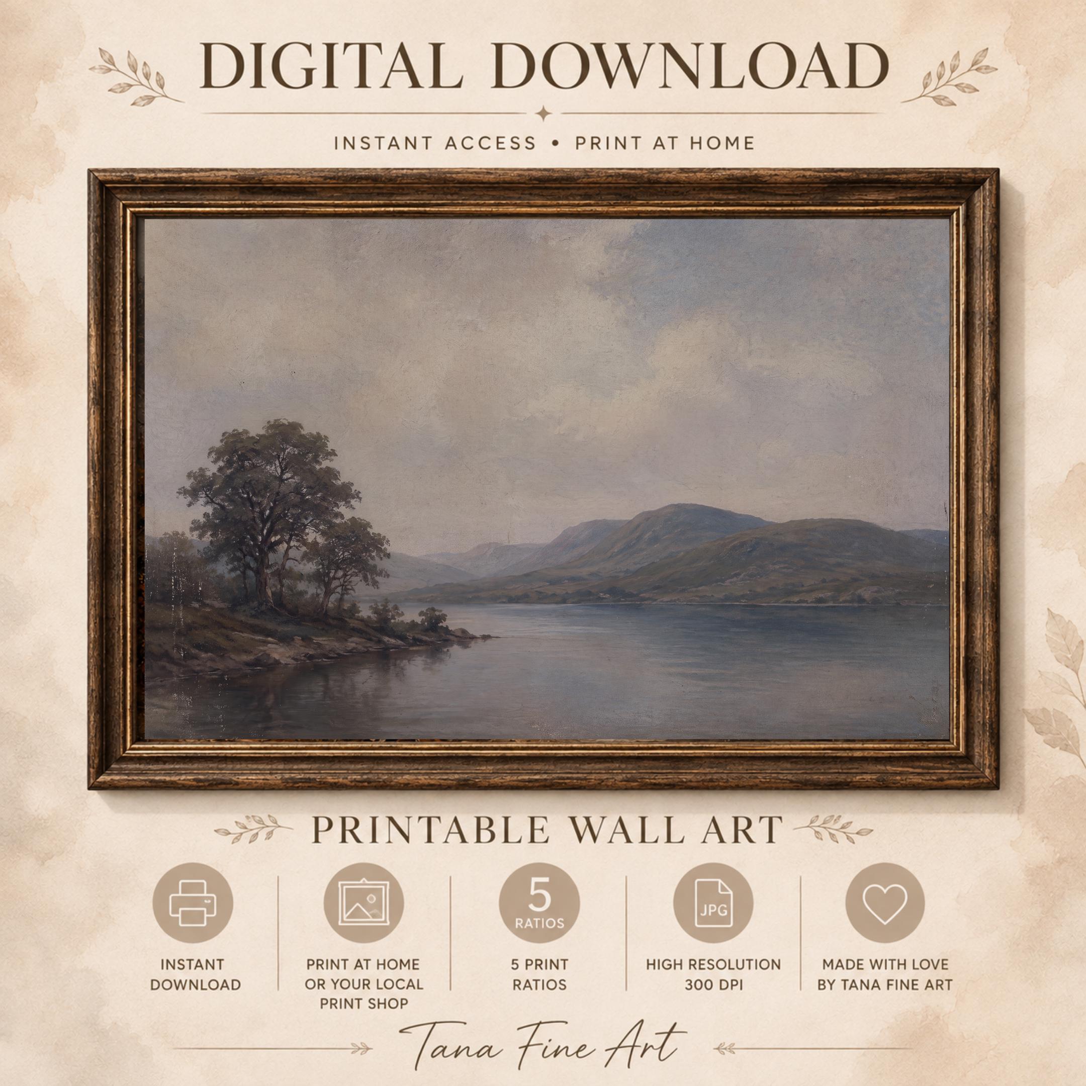Vintage Lake Landscape Printable Wall Art, Moody Mountain Scenery, Neutral Rustic Cottage Home Decor — image 7