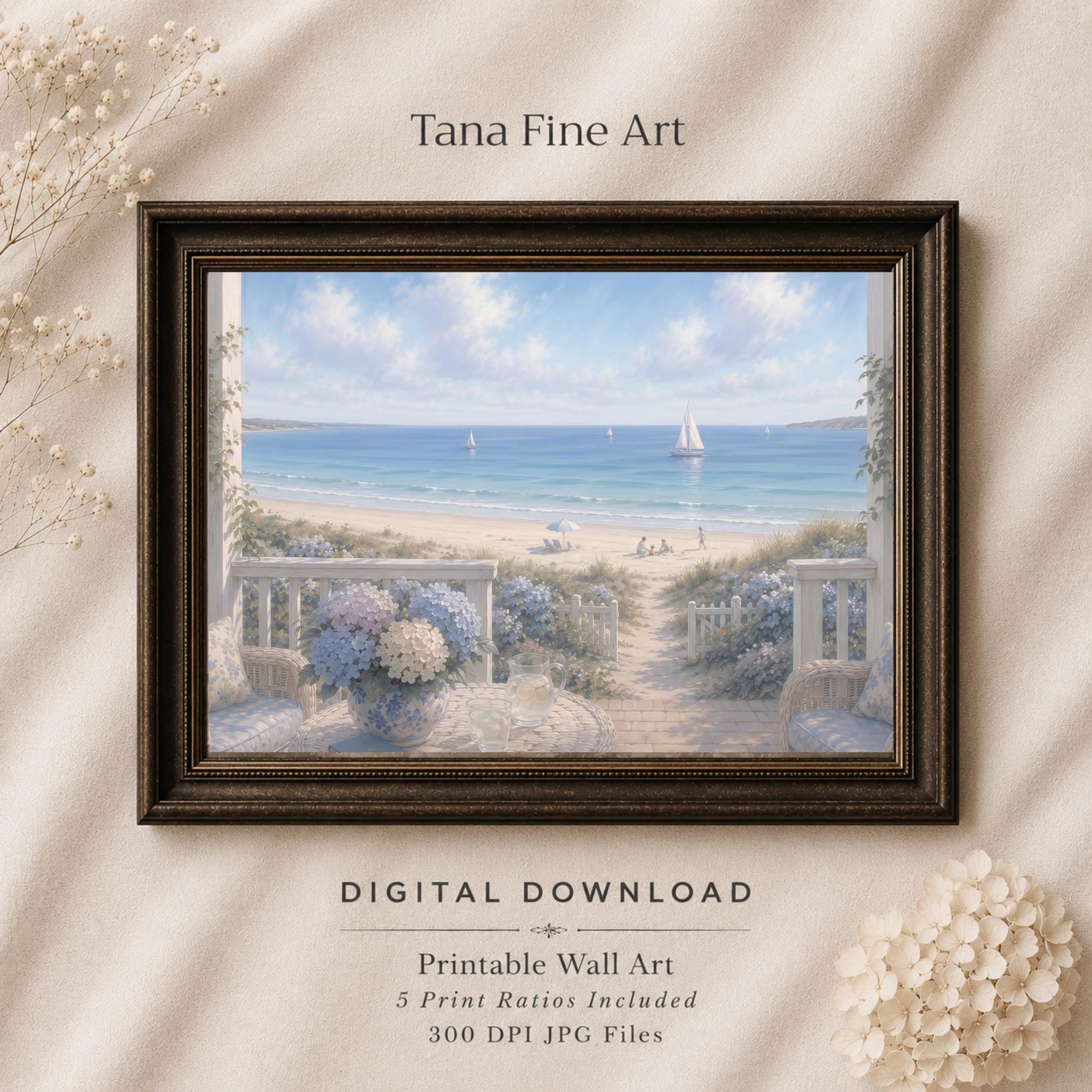 Summer Coastal Hydrangea Porch Printable Wall Art, Beach Cottage Ocean View Decor Digital Download — image 7
