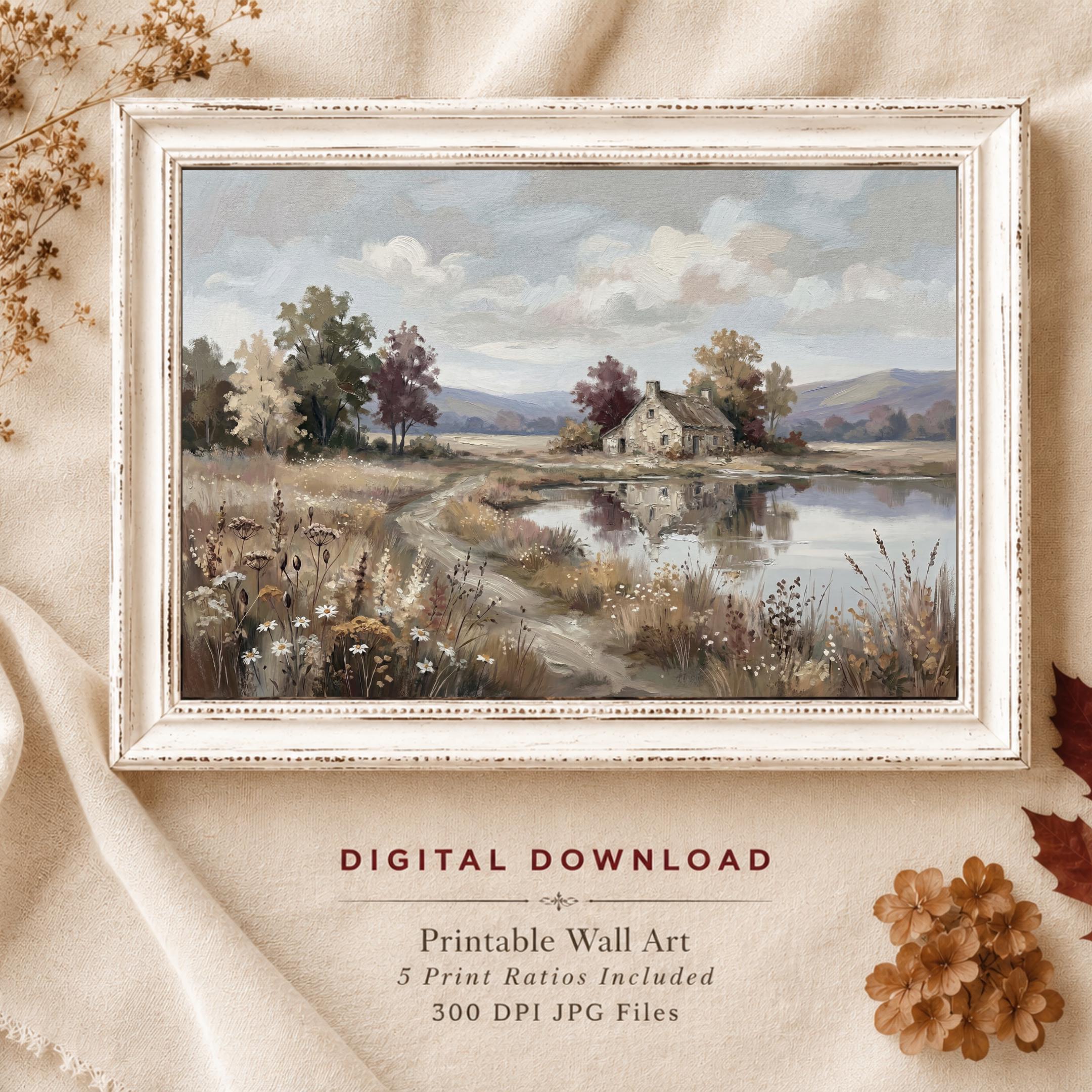 Cottage Landscape Wall Art, Farmhouse Lake House Print, Soft Countryside Nature Decor (Digital Download)