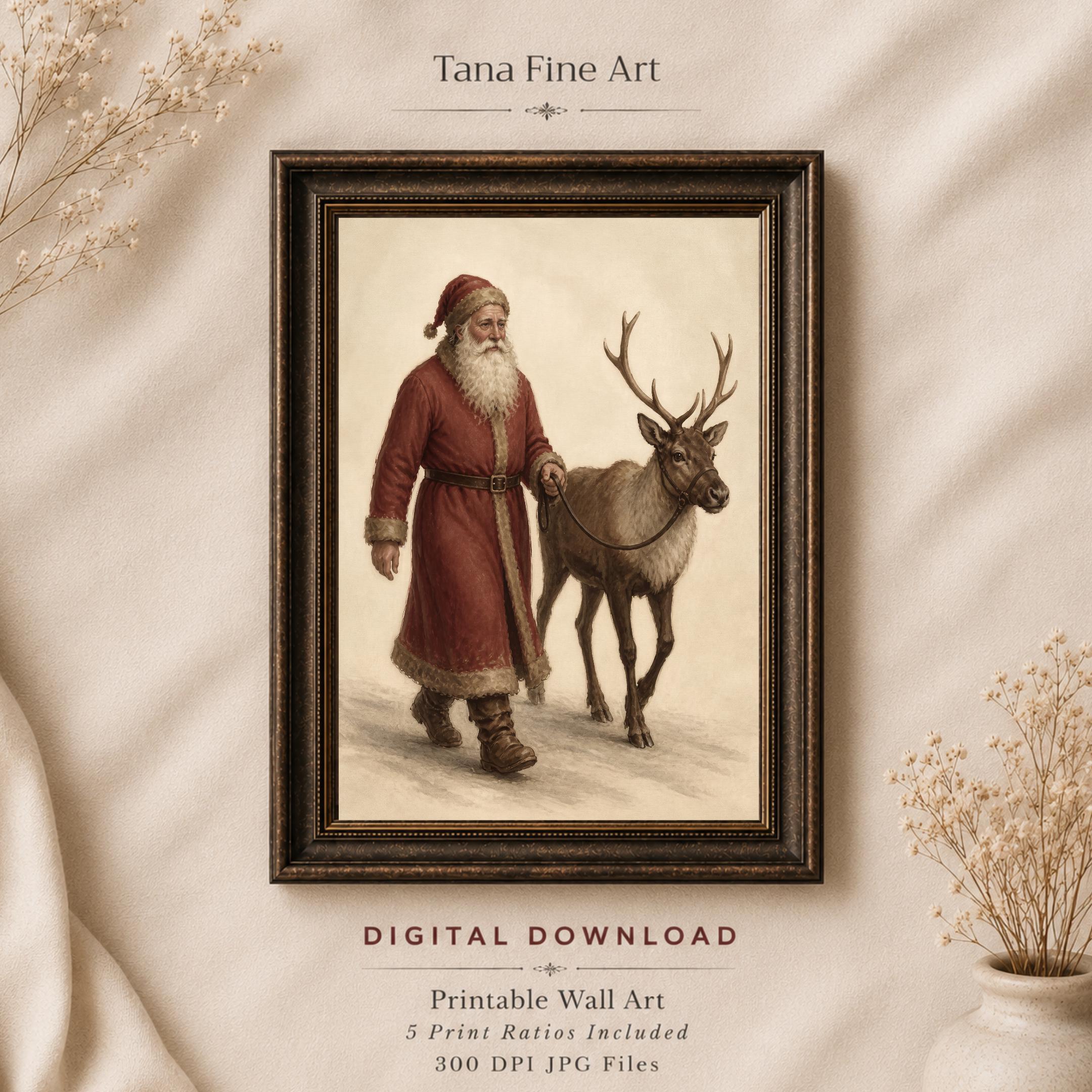 Vintage Santa and Reindeer Printable Wall Art, Old World Christmas Digital Download — image 4
