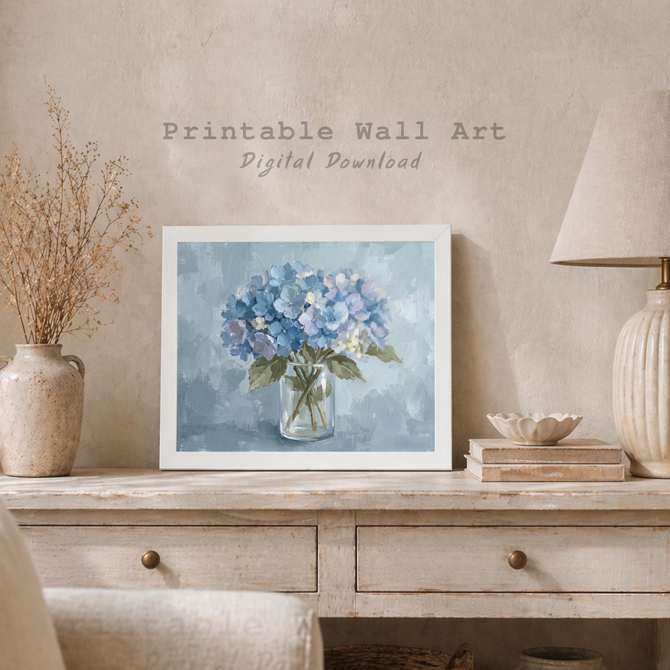 Blue Hydrangea Floral Painting Bathroom Print | French Country Vase Wall Art (Digital Download) — image 5