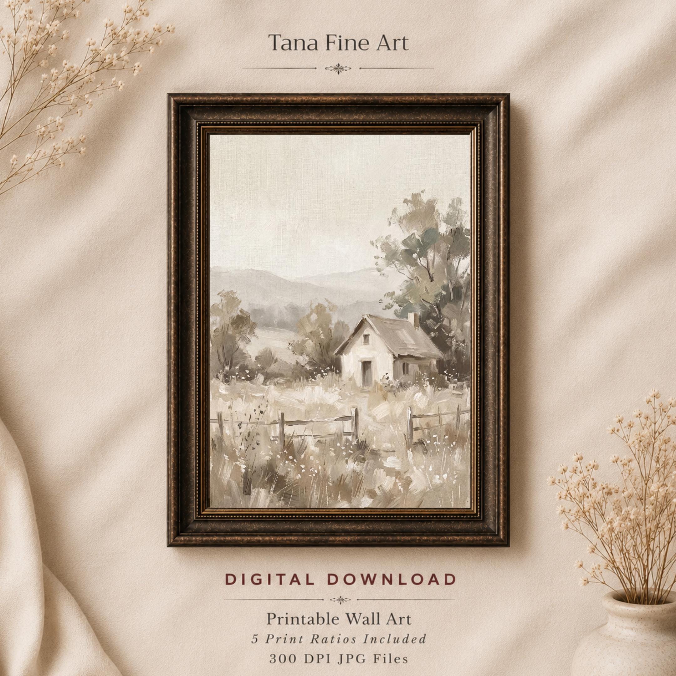 Neutral Farmhouse Landscape Wall Art Printable | Cottage Wall Decor (Digital Download)