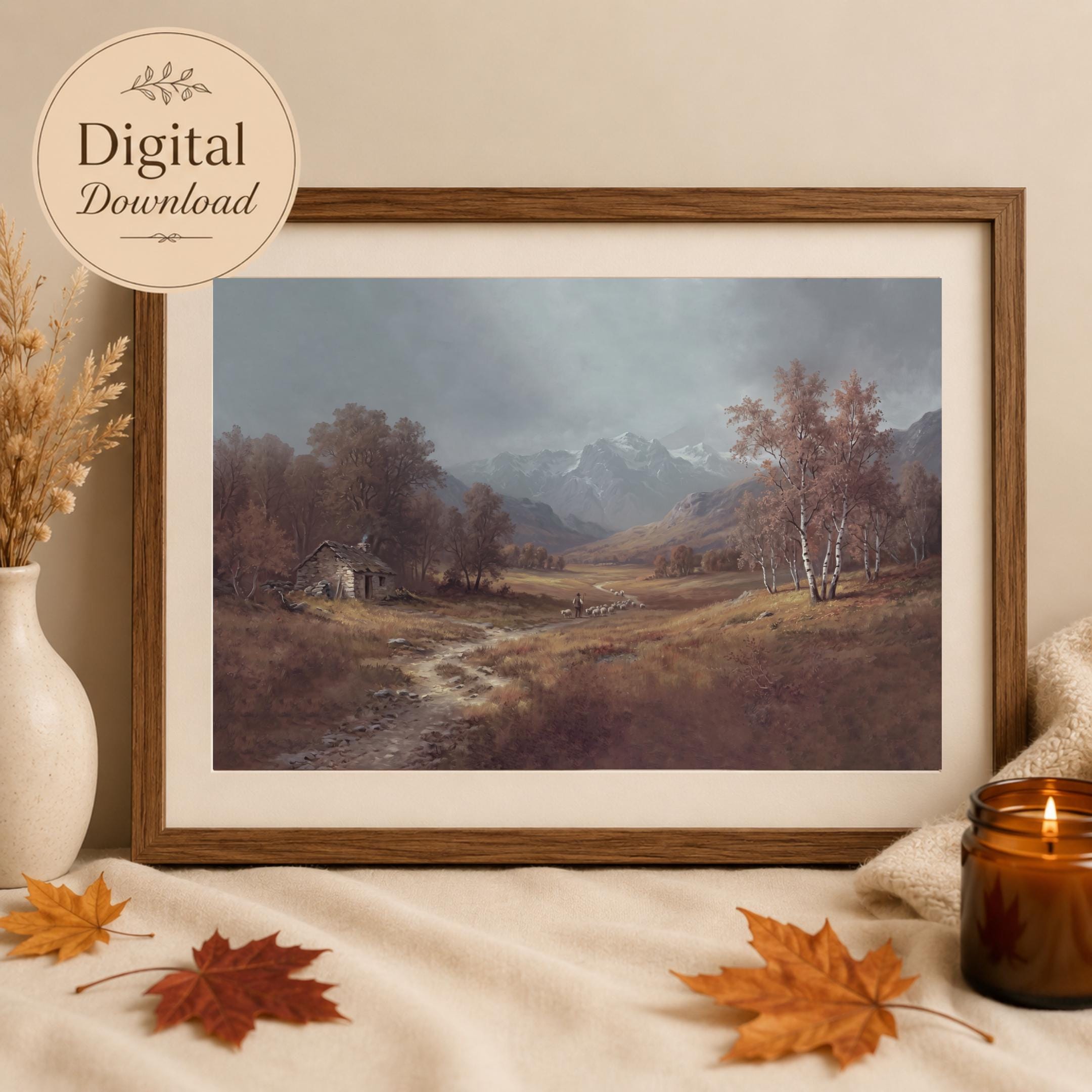 Moody Autumn Pastoral Landscape Mountain Wall Art, Farm Landscape Print (Digital Download) — image 5