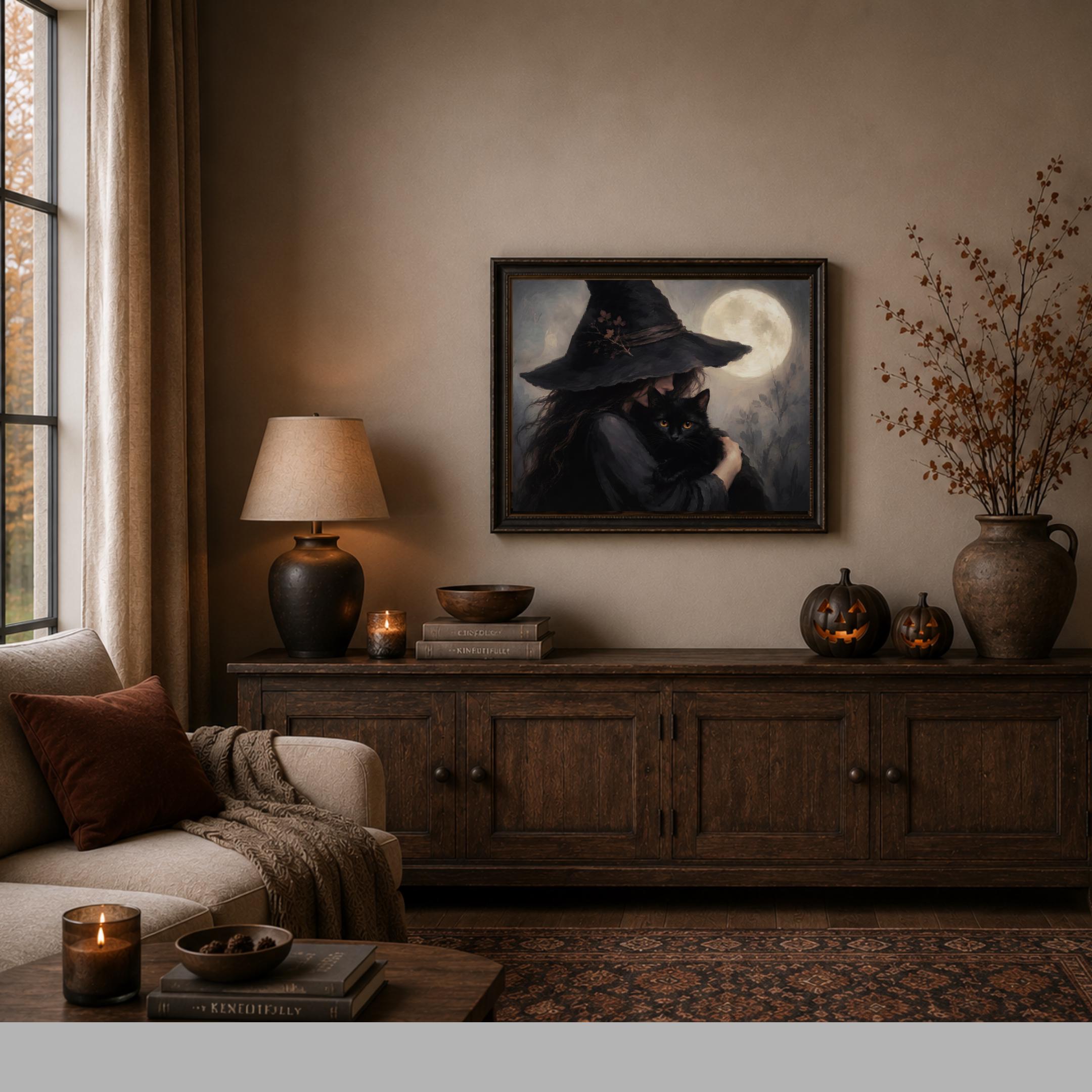 Halloween Witch Wall Art Printables | Black Cat Moon Print | Dark Gothic Decor Digital Download — image 5