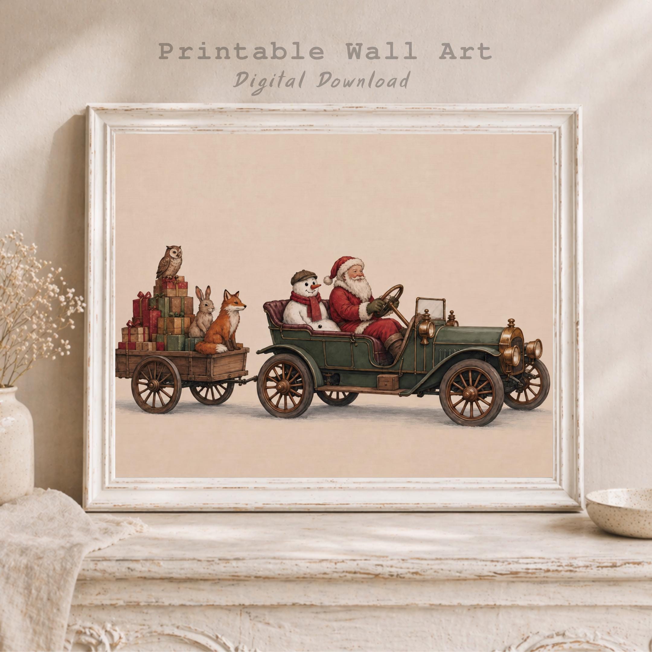 Vintage Santa Car Wall Art | Christmas Animal Print | Holiday Decor Printable Digital Download — image 7