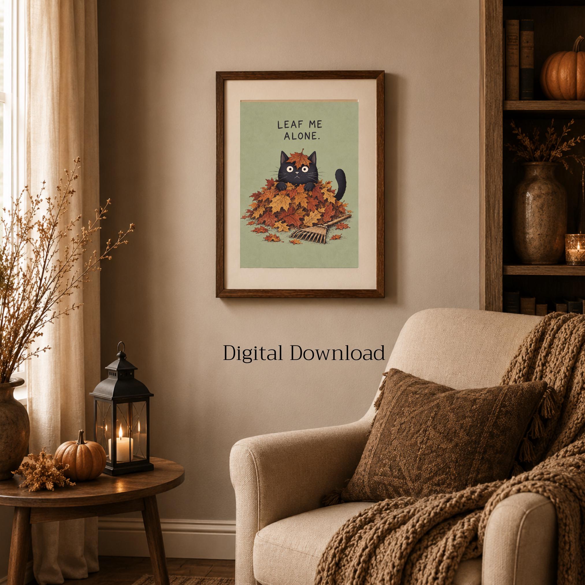 Funny Black Cat Leaves Printable Wall Art, Fall Autumn Quote Kitchen Decor Digital Download — image 5