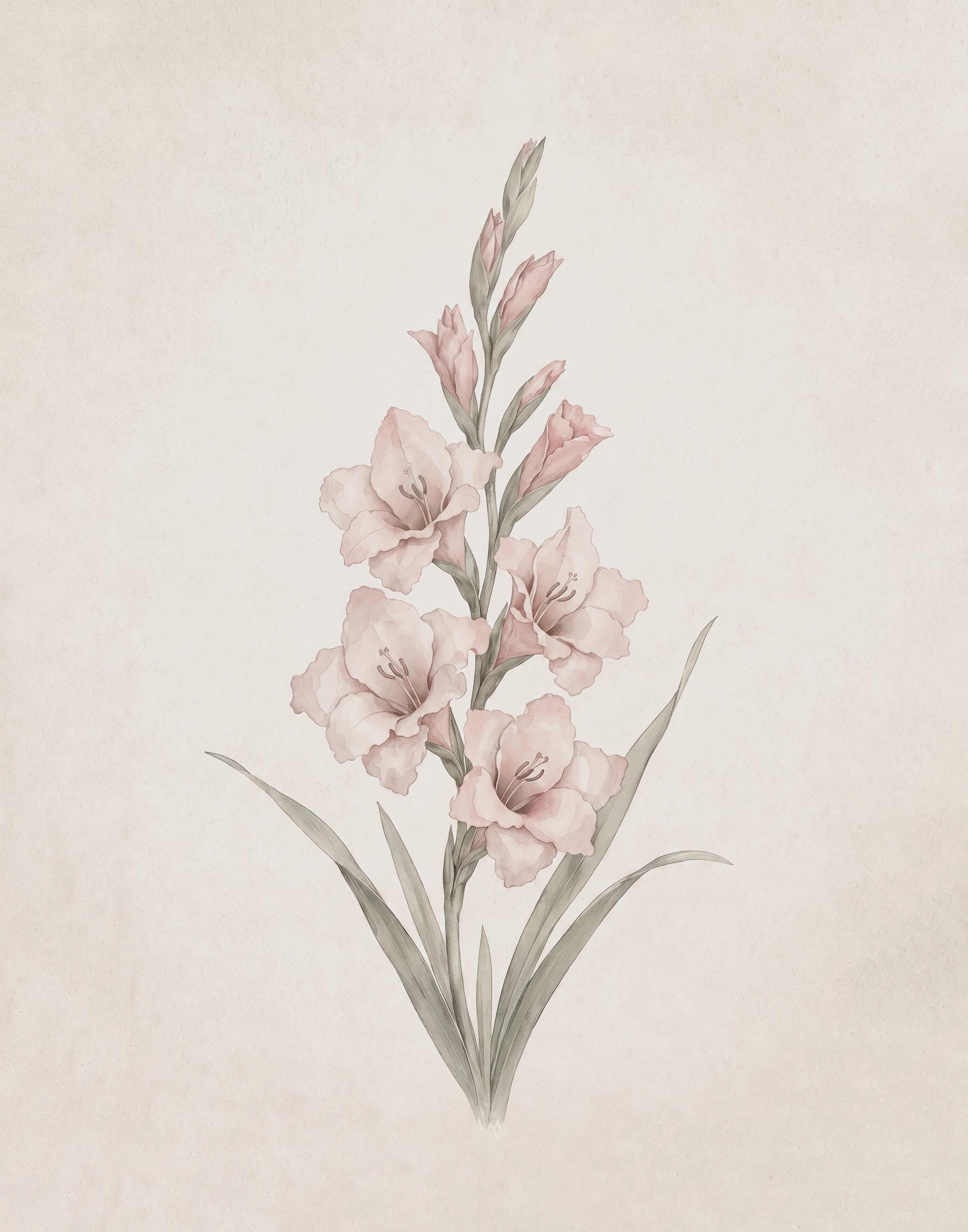 August Birth Flower Print Art, Pink Gladiolus Botanical, Floral Vintage Botanical Prints (Digital Download) — image 2