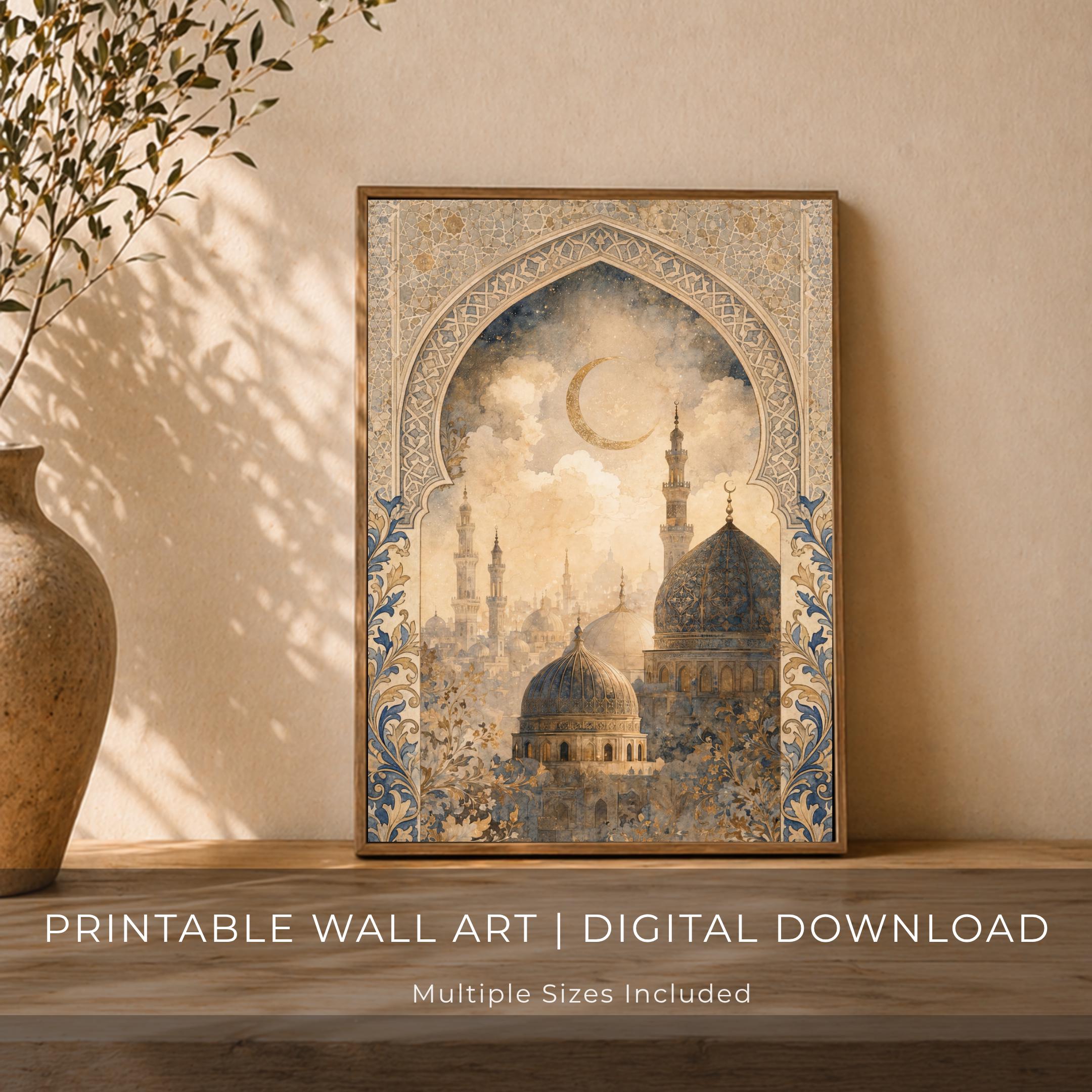 Islamic Architecture Printable Wall Art, Blue Gold Mosque and Crescent Moon Digital Download