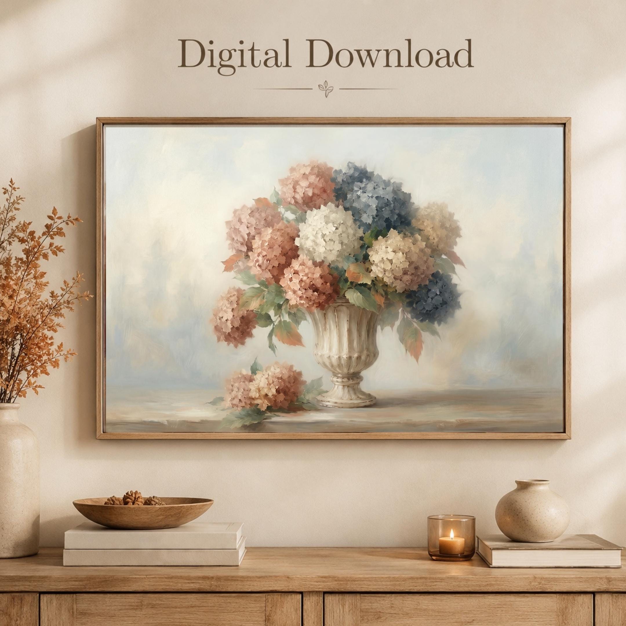 Fall Hydrangea Wall Art, Neutral Floral Prints, French Urn Cottage Decor (Digital Download)