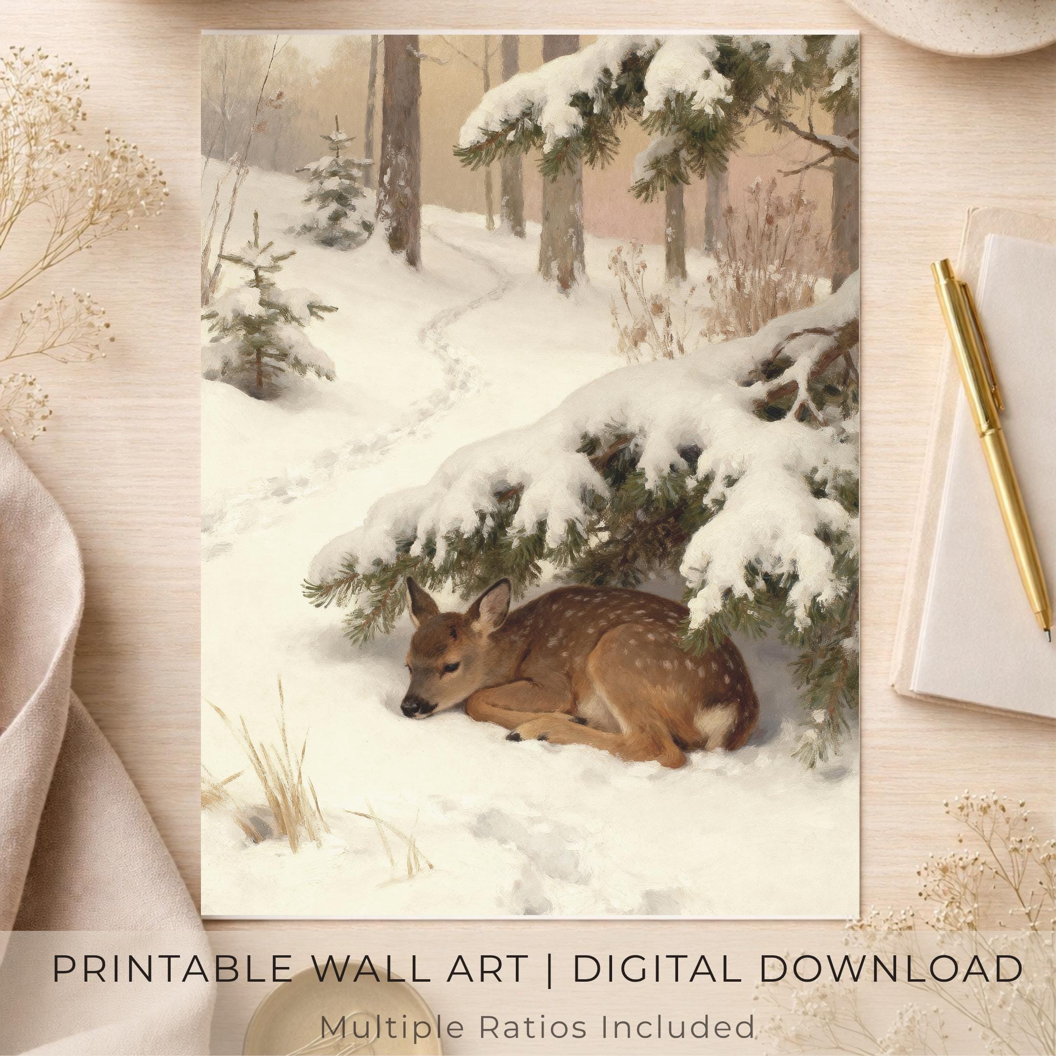 Sleeping Fawn beneath Snowy Pine Branches — image 3