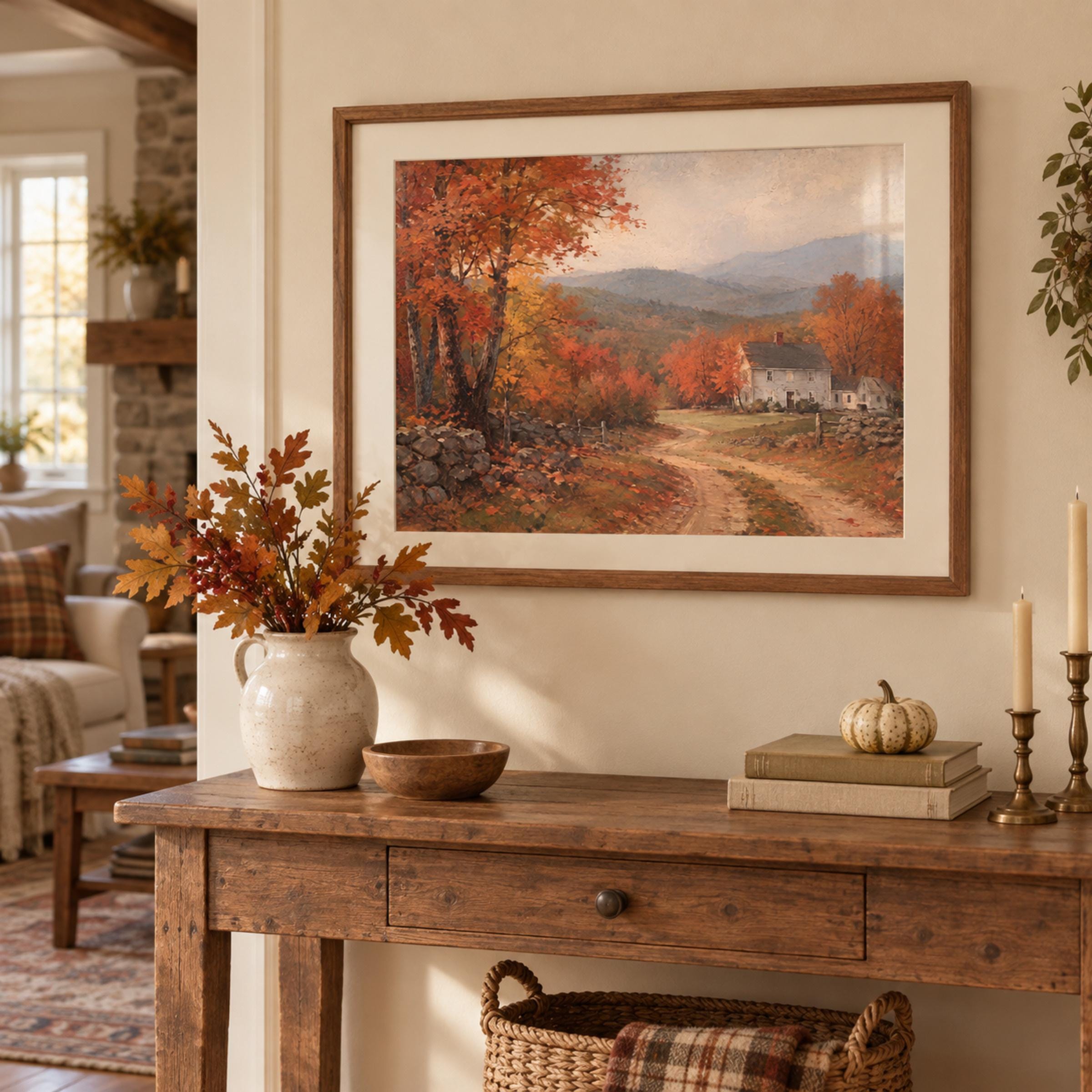 Vintage Fall Cottage Wall Art, New England Autumn Landscape, Rustic Farmhouse Decor Digital Download — image 3