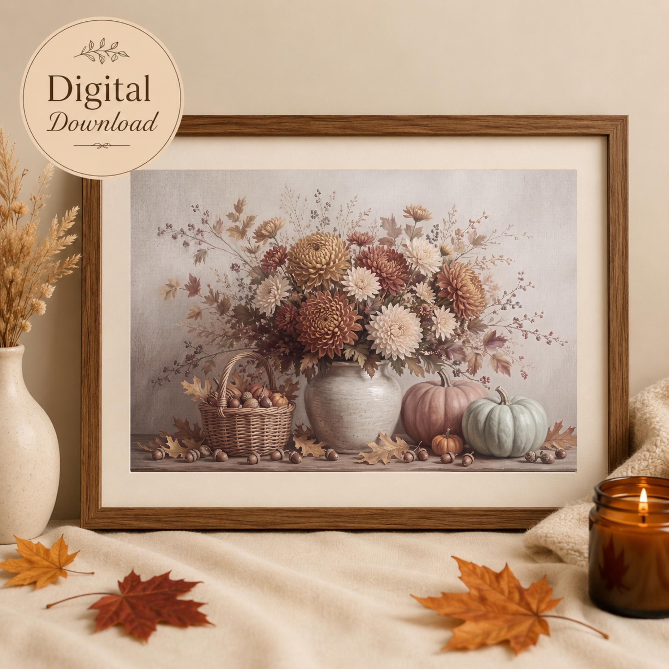 Chrysanthemum Pumpkin Still Life | Fall Floral Wall Art | Rustic Printable Digital Download Decor