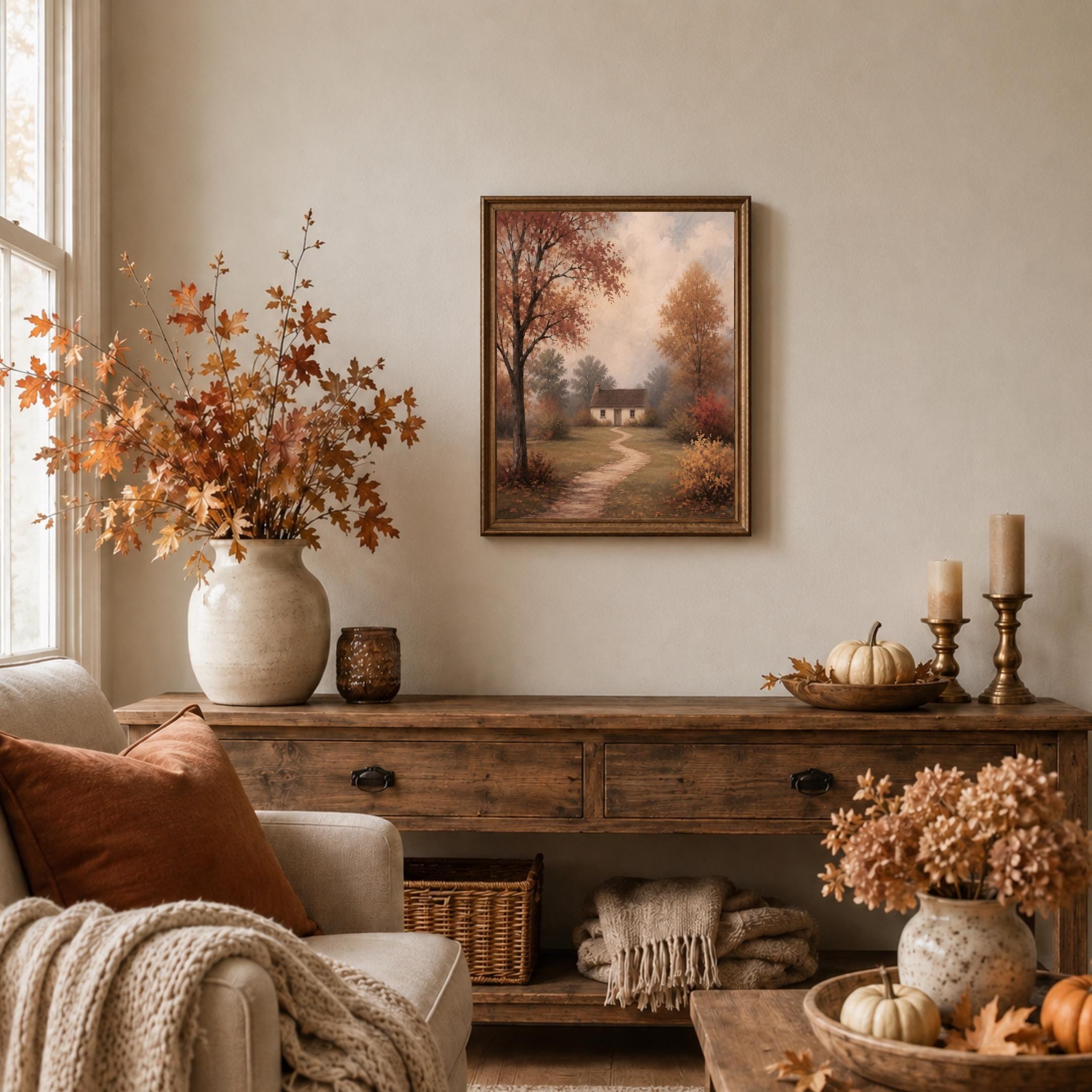 Autumn Cottage Wall Art | Fall Landscape Print | Vintage Farmhouse Digital Download — image 7