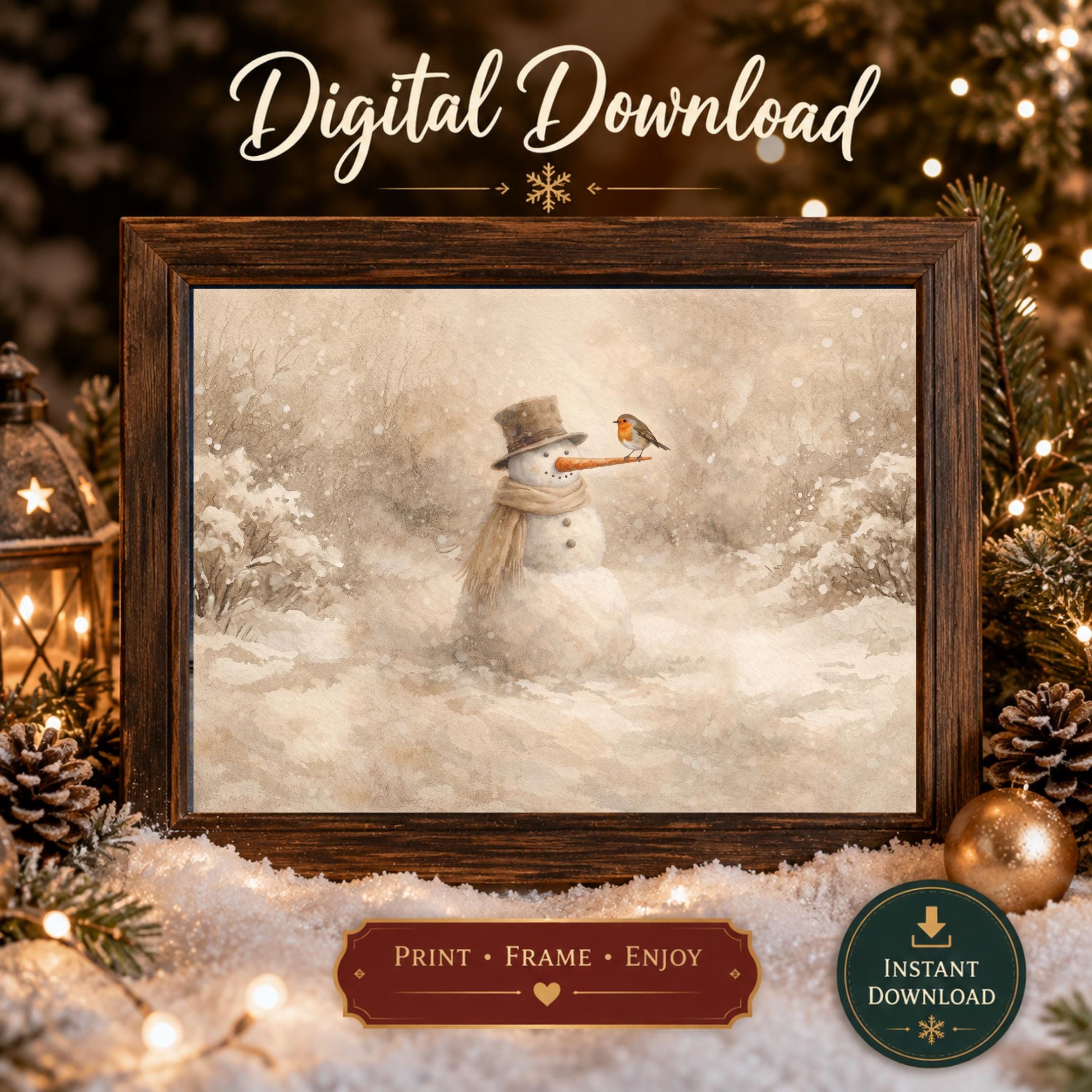 Snowman Wall Art Printable | Neutral Winter Animal Print | Cozy Christmas Decor (Digital Download)