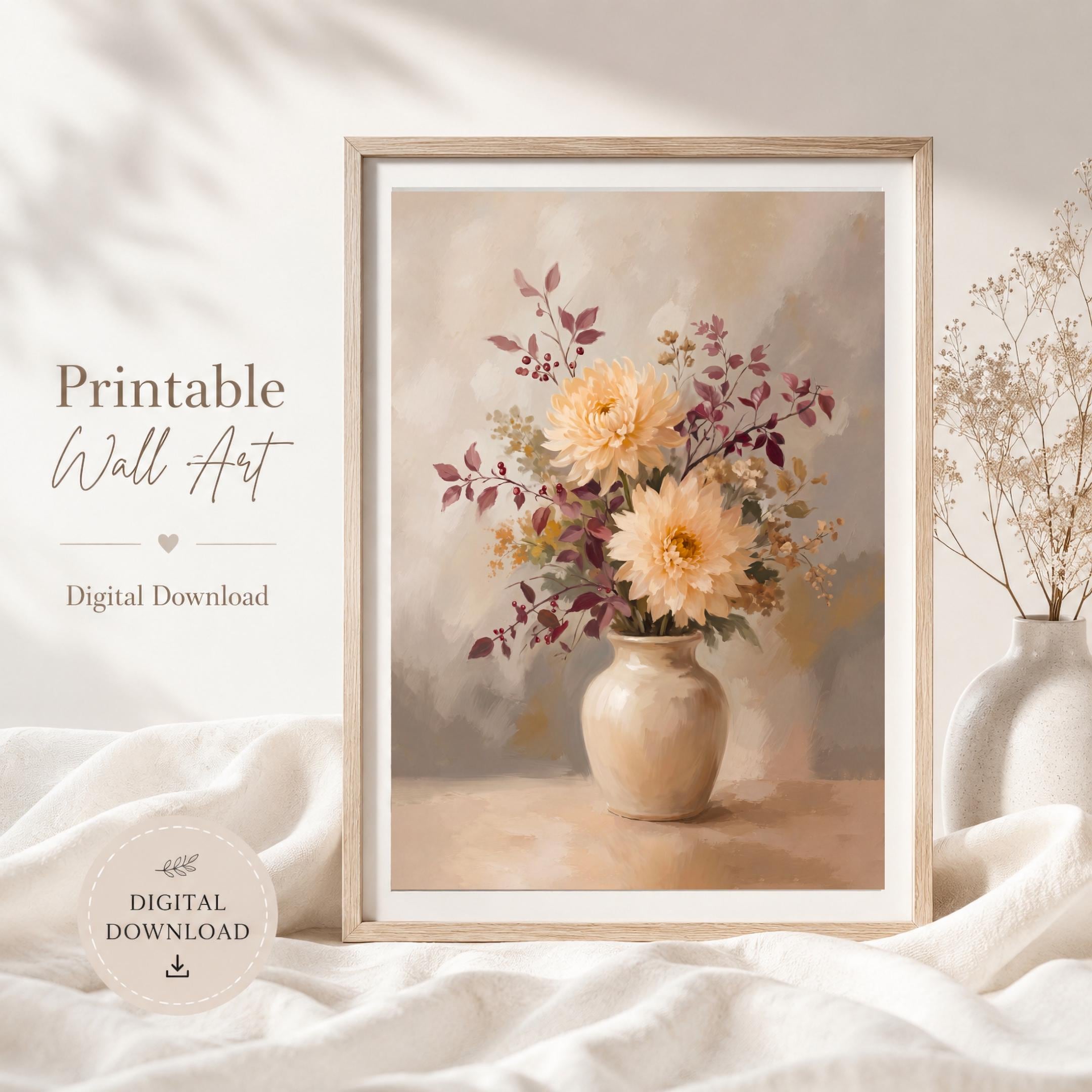 Autumn Dahlia Wall Art, Cream Floral, Neutral Fall Flower Painting, Vintage Farmhouse (Digital Download)