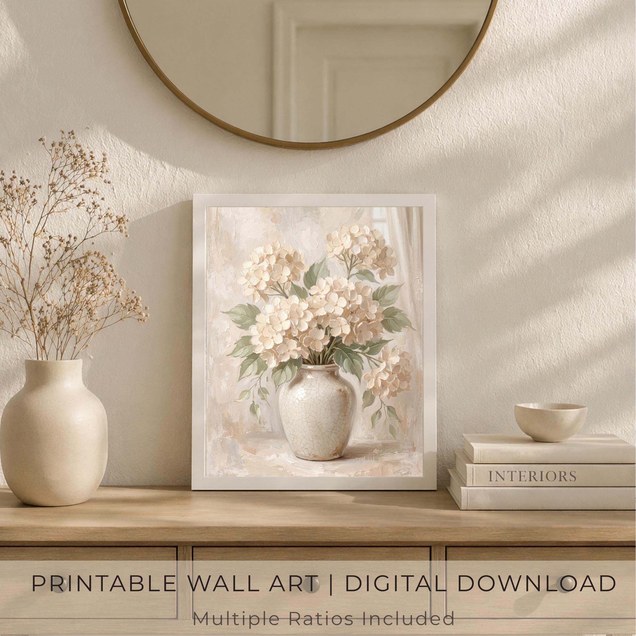 Neutral Floral Prints | White Hydrangea Printable Wall Art | Floral Vase Print (Digital Download) — image 4