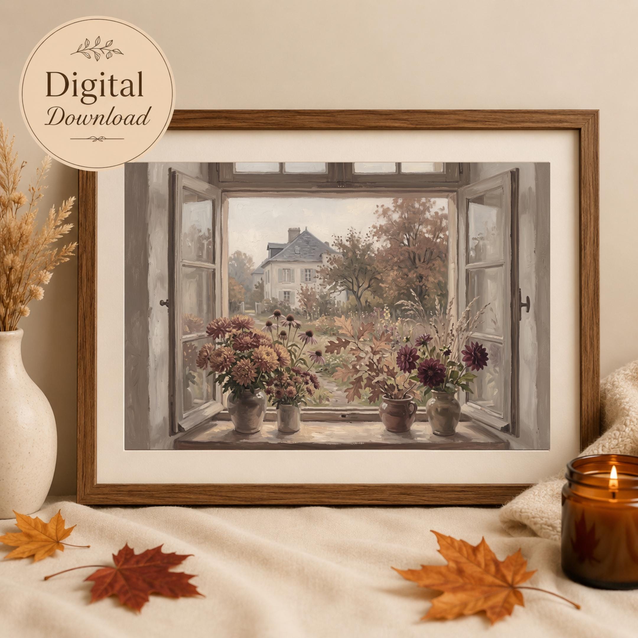 Autumn Window View Wall Art, Fall Cottage Garden Floral, Cozy Farmhouse Decor (Digital Download)