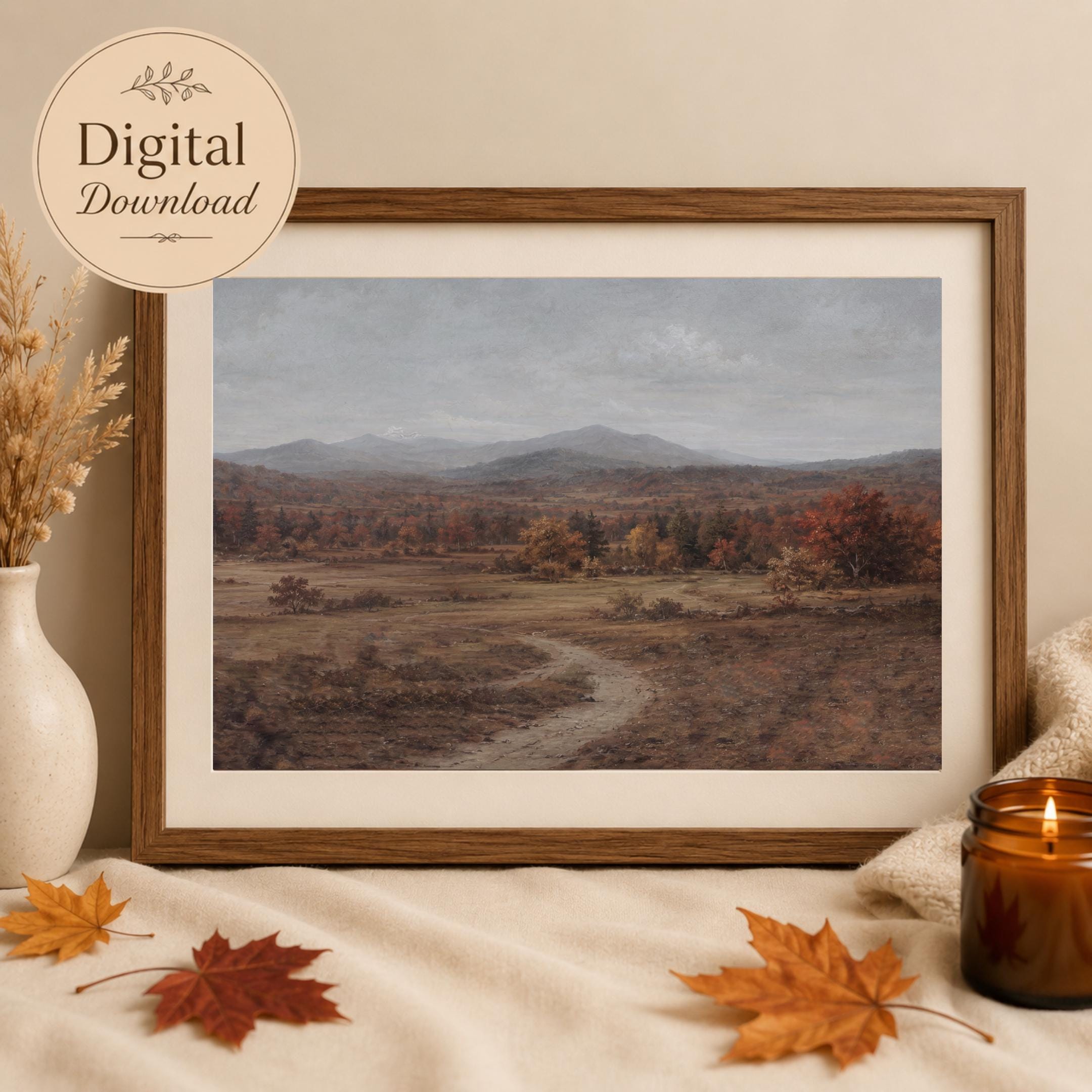 Moody Fall Landscape Wall Art Print, Vintage Autumn Countryside, Rustic Fall Decor (Digital Download)