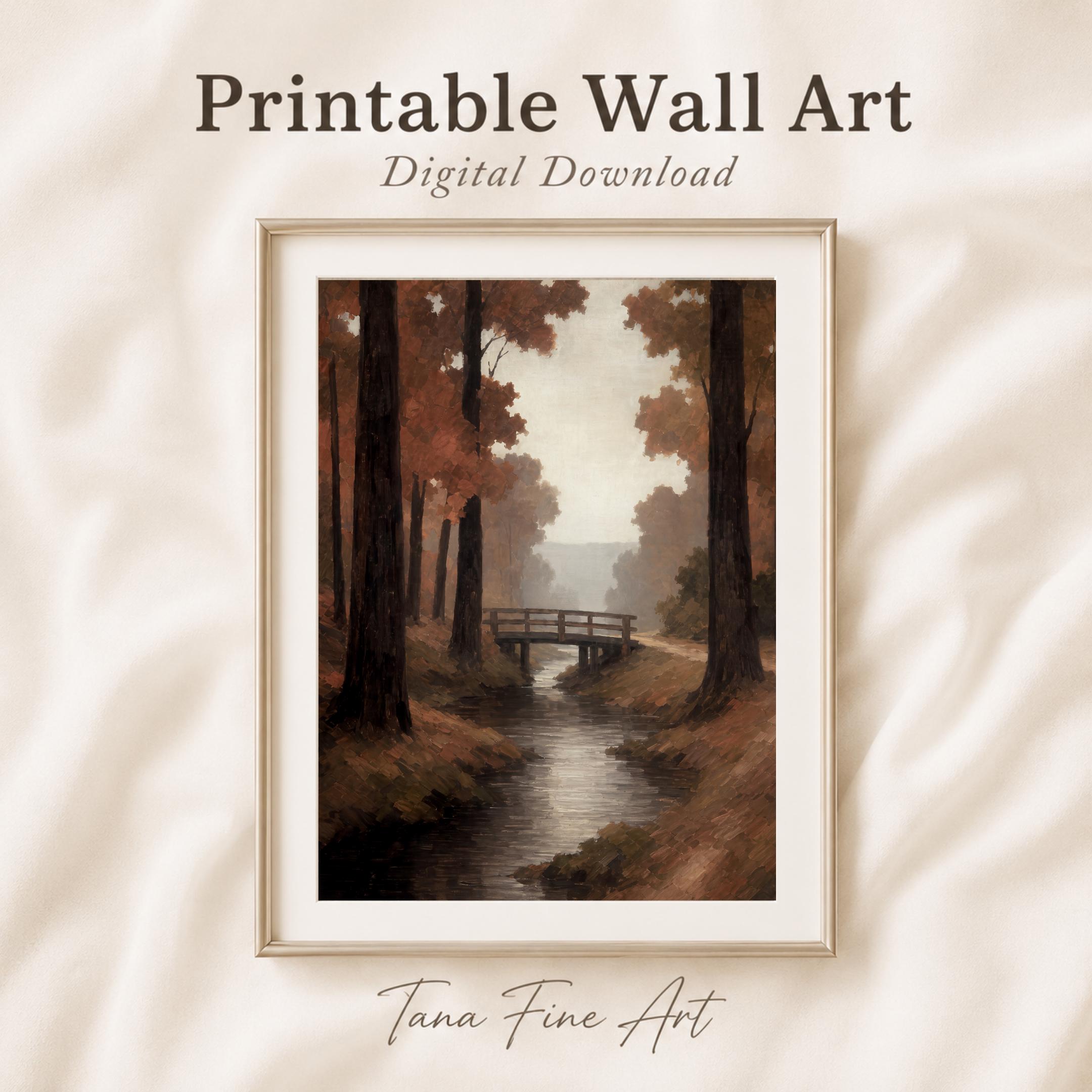 Fall Stream Wall Art | Autumn Forest Bridge Print | Moody Printable Digital Download — image 9