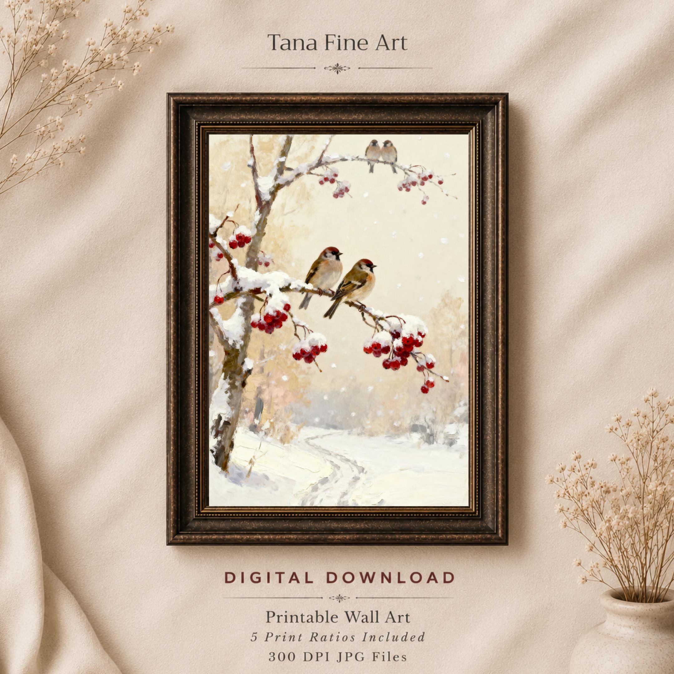 Winter Bird Wall Art | Snowy Red Berry Print | Christmas Printable Digital Download