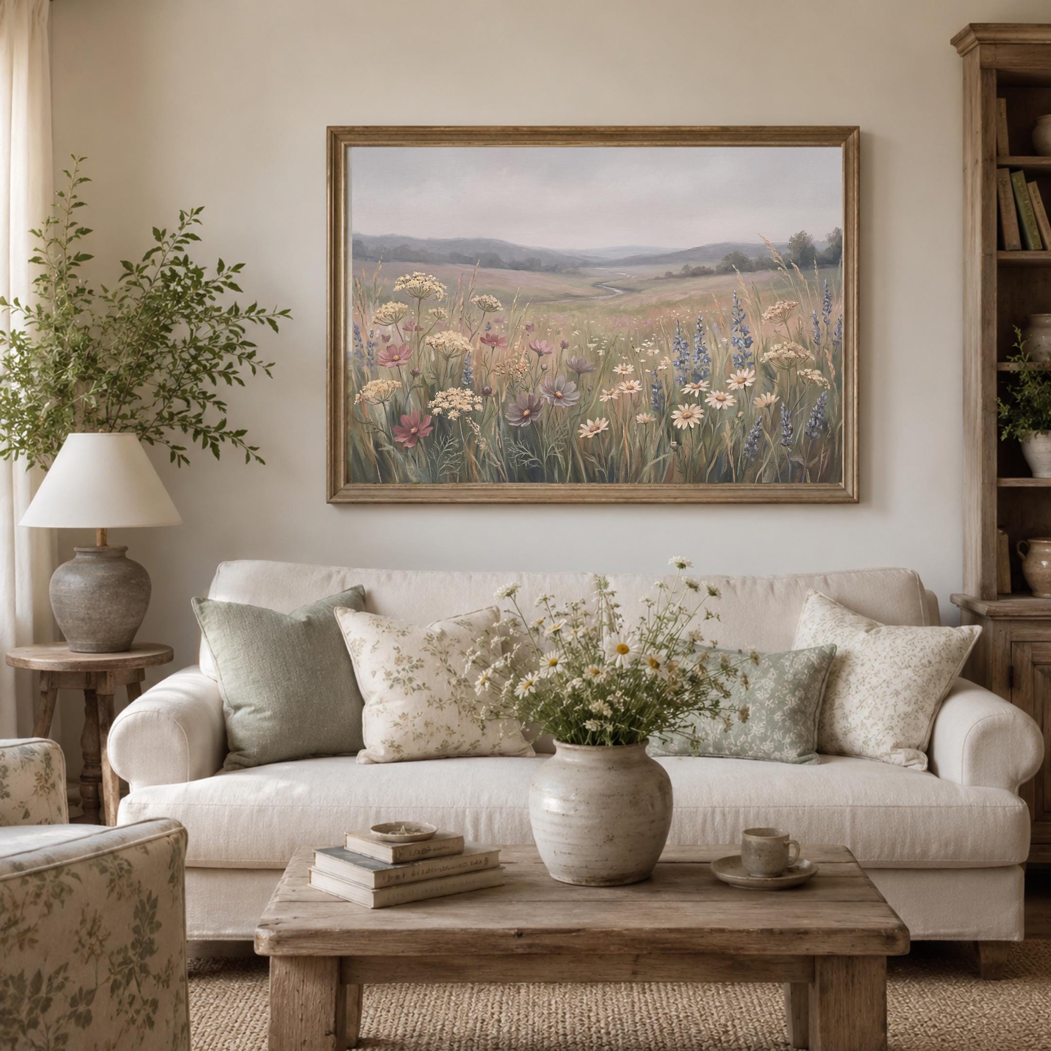 Neutral Floral Landscape Print, Vintage Wildflower Meadow Wall Art, Cottage Nature Decor (Digital Download) — image 4