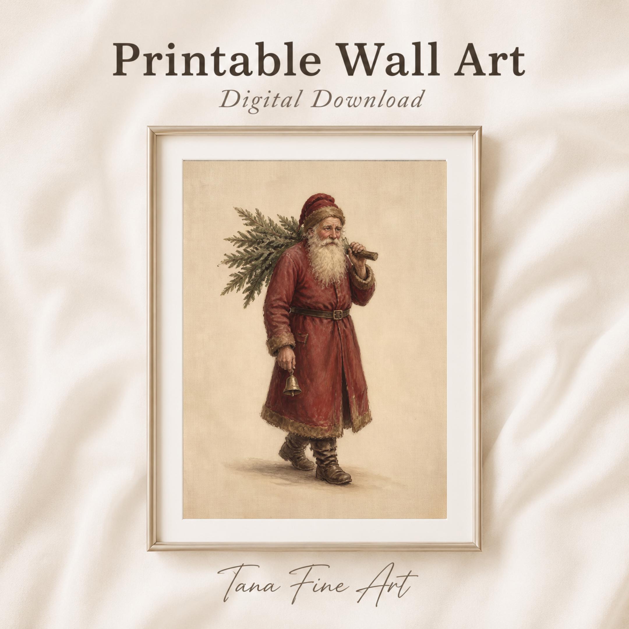 Vintage Santa Carrying Christmas Tree Printable Wall Art, Old World Holiday Digital Download — image 7
