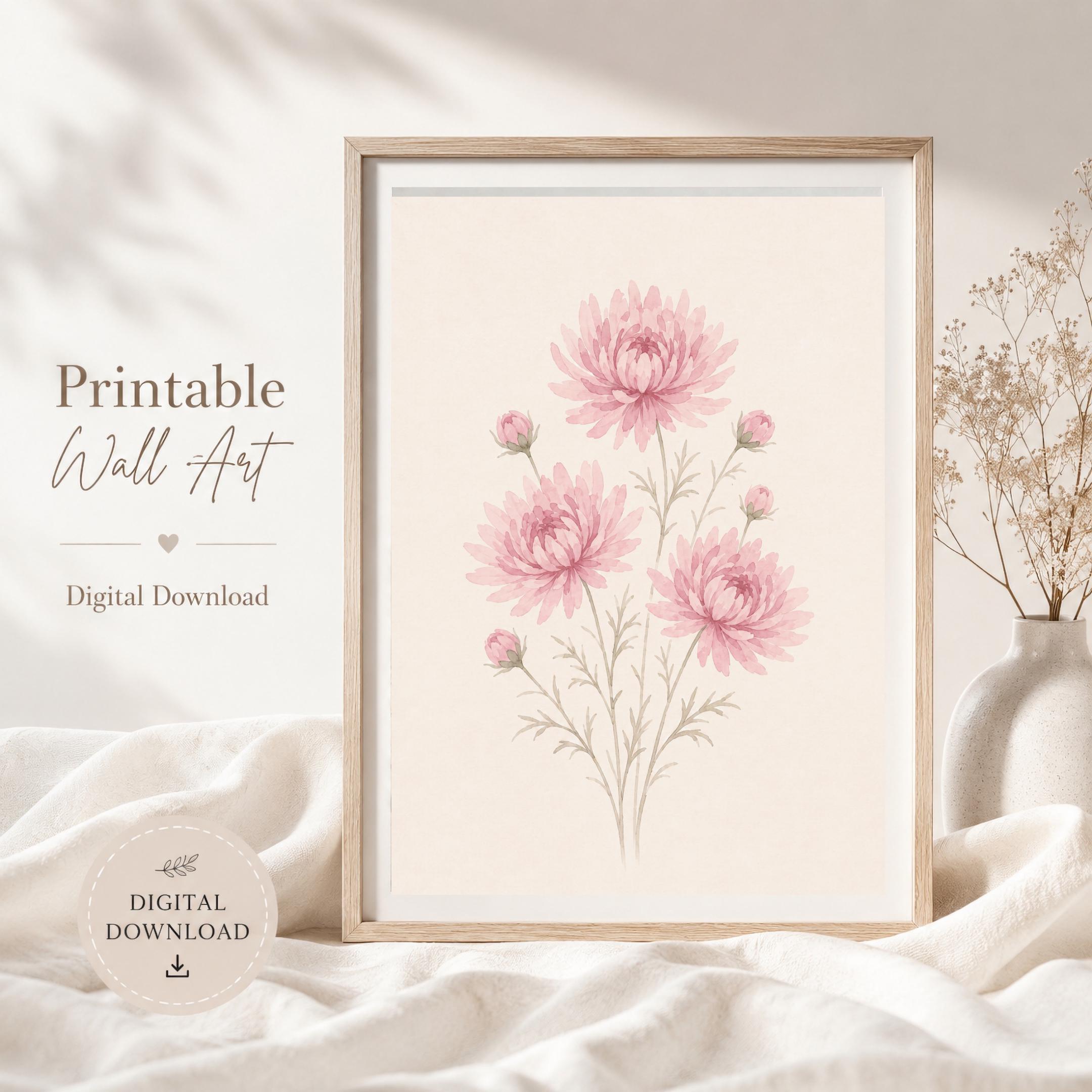 November Birth Flower Print | Chrysanthemum Printable Wall Art | Pink Botanical Gift Digital Download — image 3