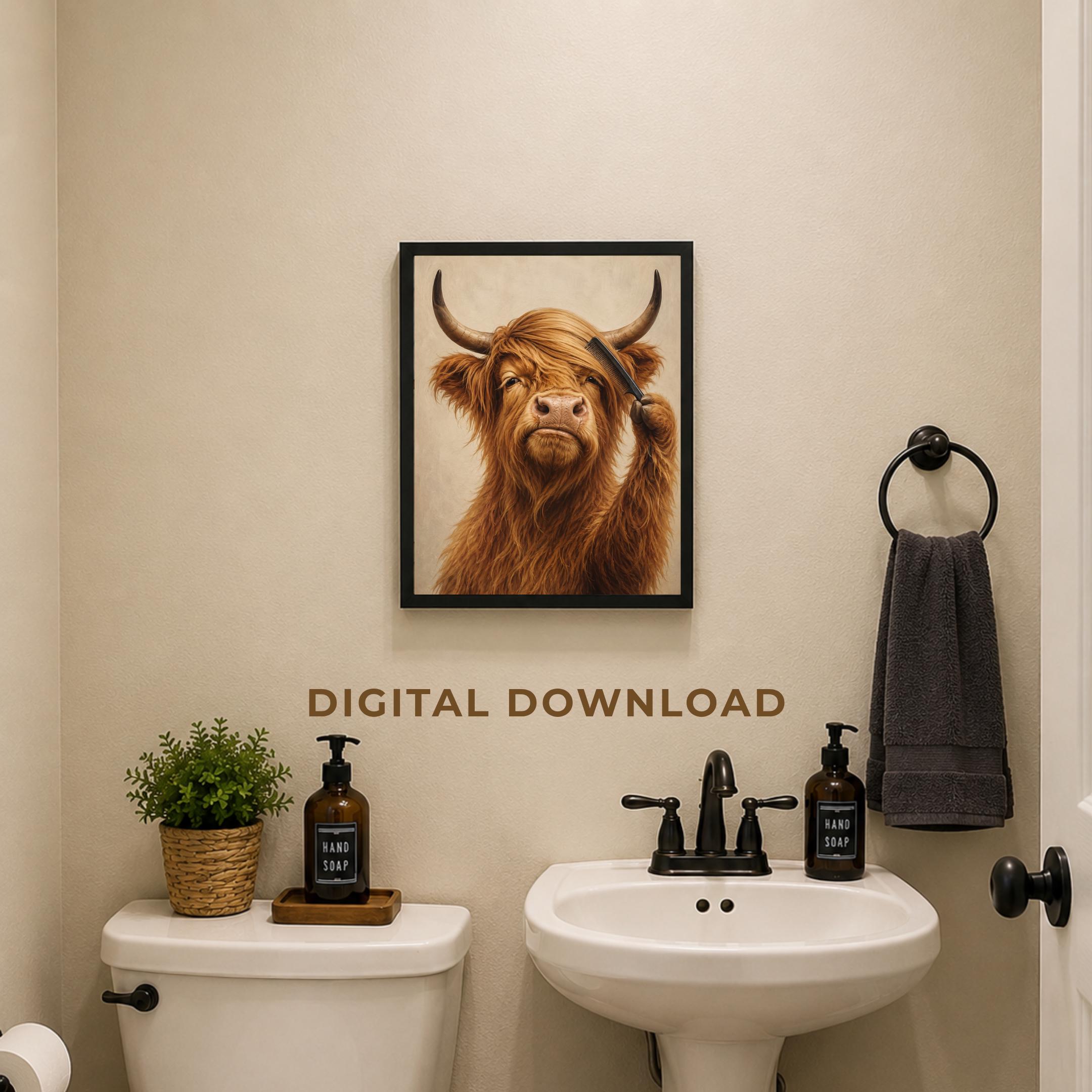 Funny Highland Cow Bathroom Printable Wall Art Set, Three Grooming Decor Prints Digital Download — image 5